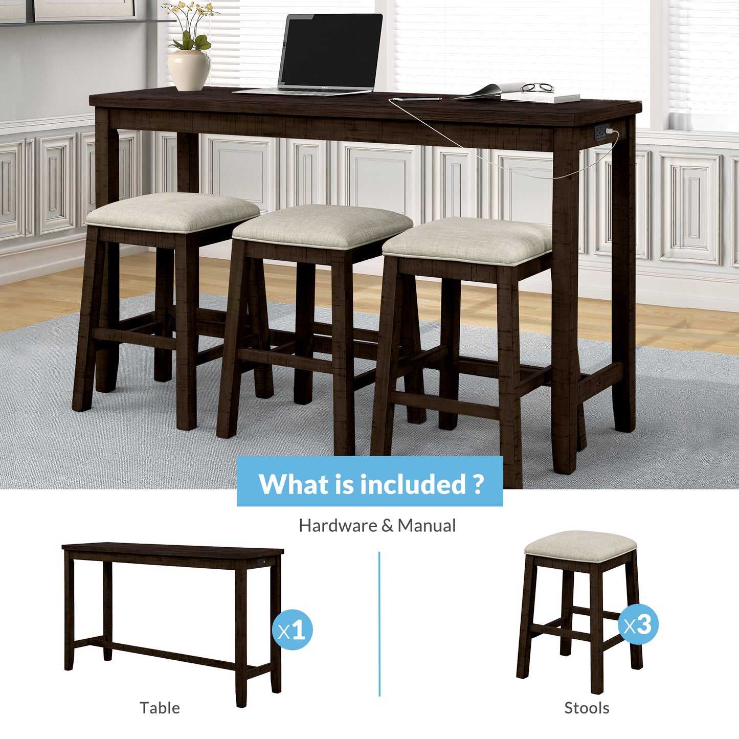 Vimora™ - Rustic Brown Counter Height Dining Set with Padded Stools and Built-in Charging
