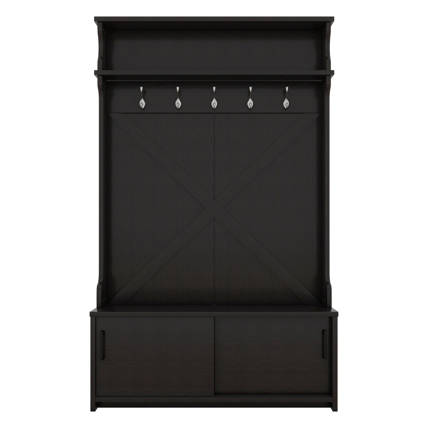 Vimora™ - Black Hall Tree with Storage Bench, Sliding Door & 5 Hooks