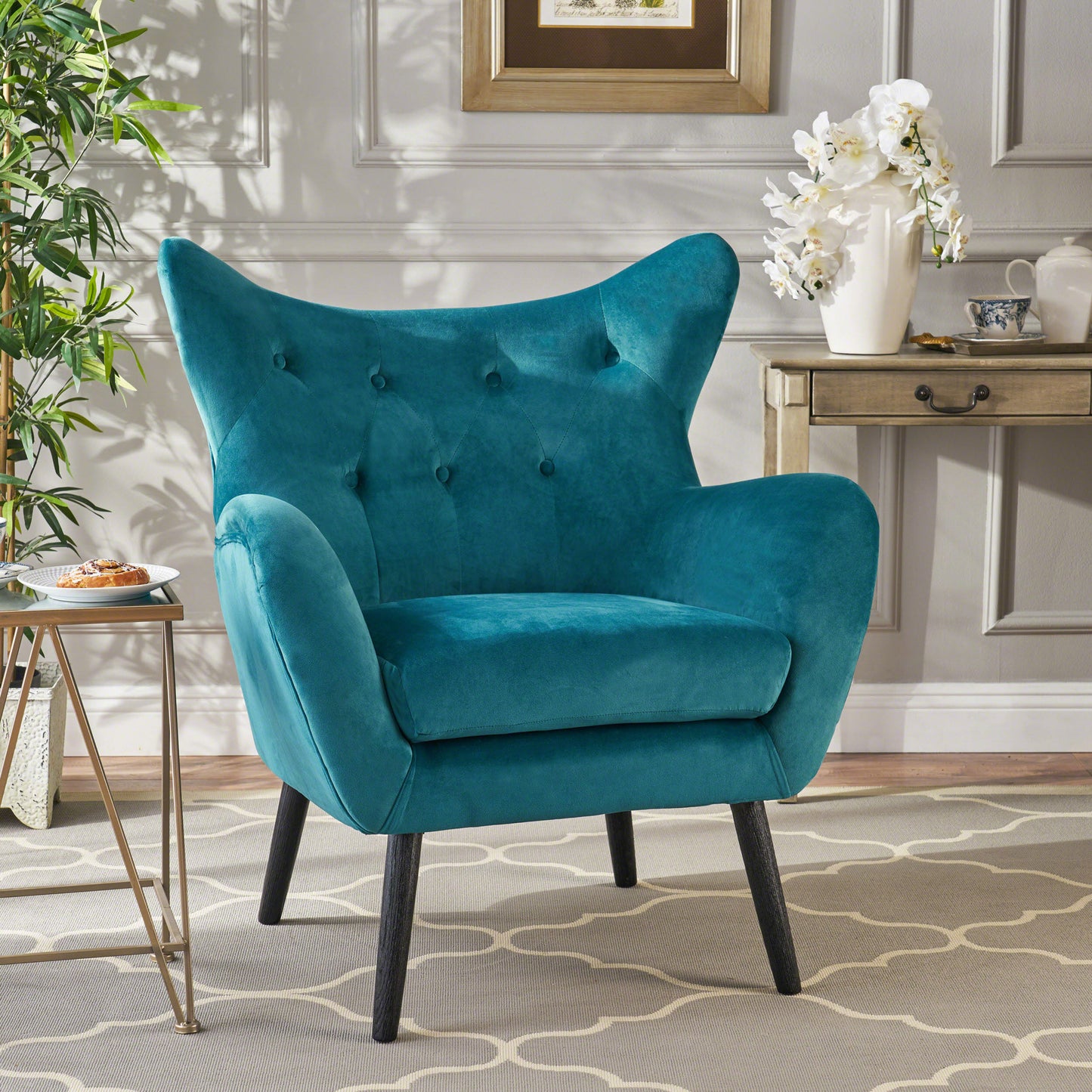 Vimora™ - Teal Velvet Wingback Arm Chair with Tufted Design