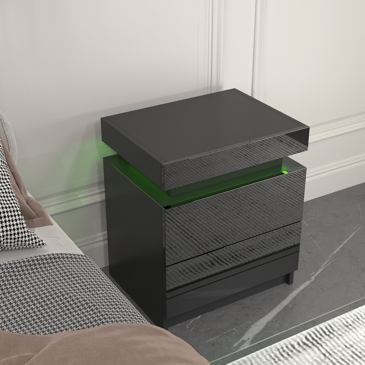 Vimora™ - Modern Black LED Nightstand with Glossy Drawers & Multi-Colour Lighting