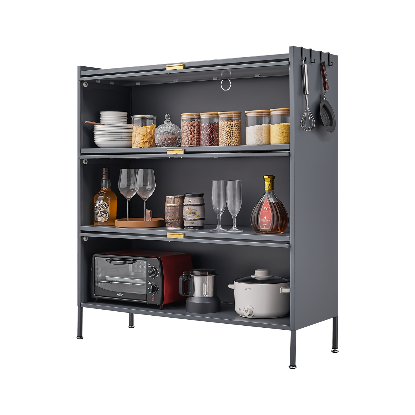 Vimora™ - 3 Tier Metal Pantry Storage Cabinet with Microwave Rack & Adjustable Hooks