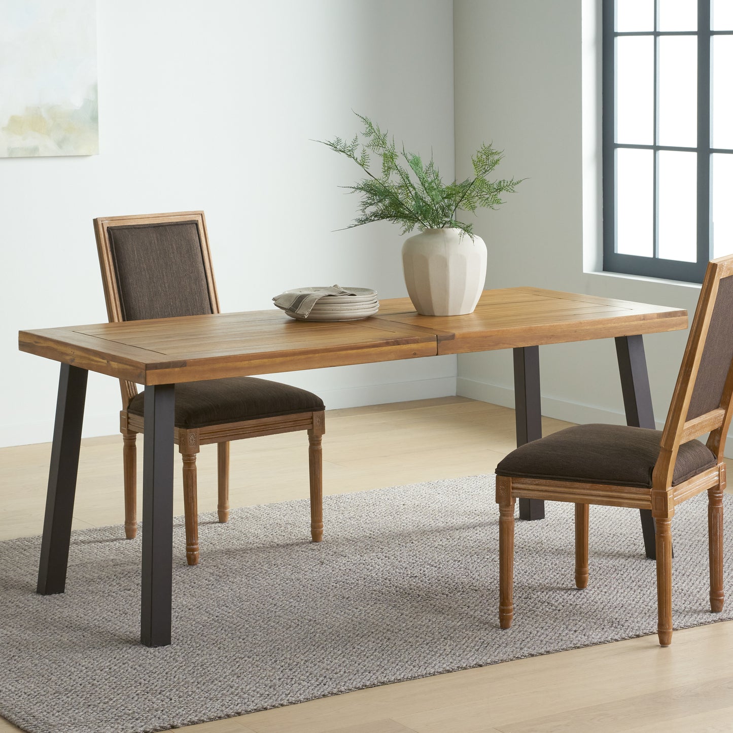 Vimora™ - Acacia Wood Dining Table with Rustic Metal Legs, Natural Brown Grey Finish