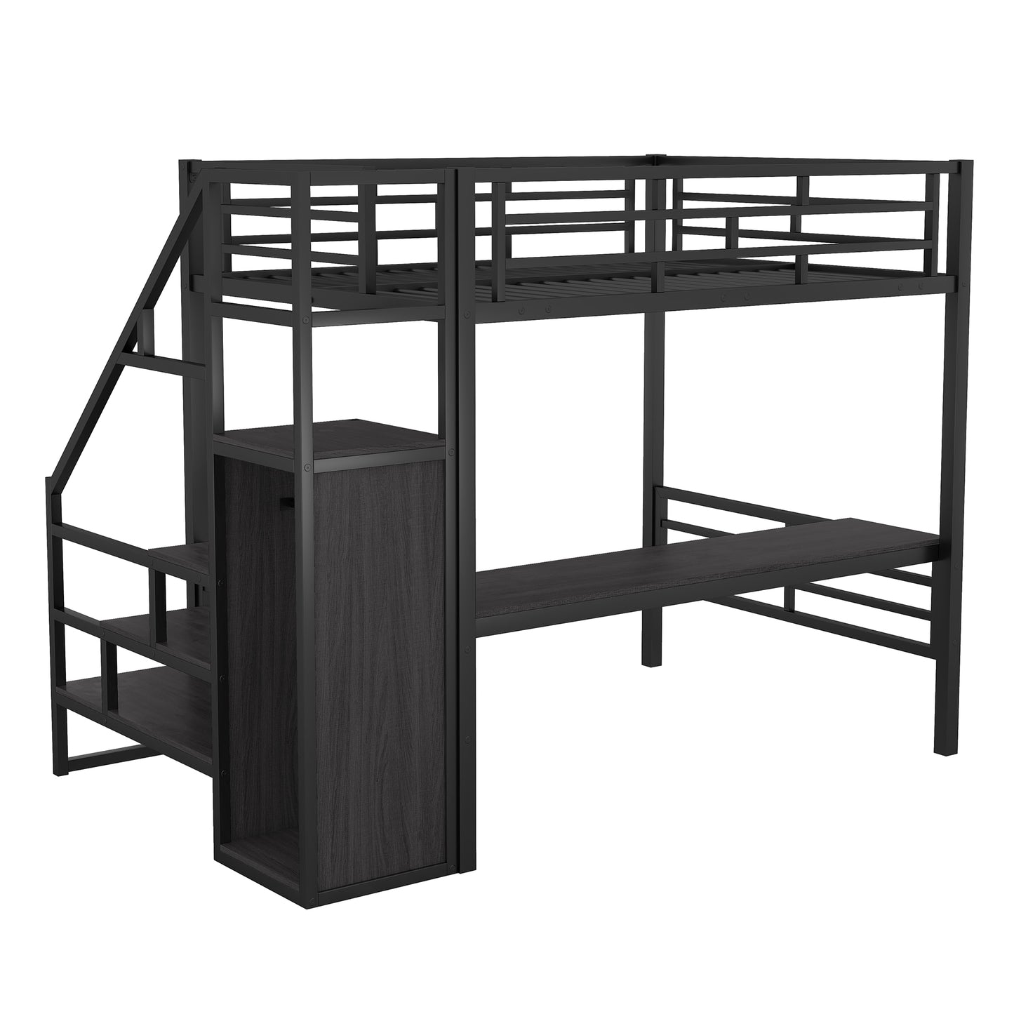 Vimora™ - Full Size Metal Loft Bed with Desk, Storage Staircase and Wardrobe in Black