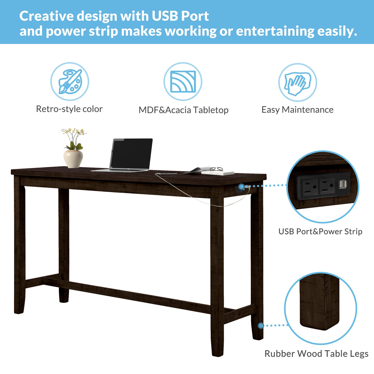 Vimora™ - Rustic Brown Counter Height Dining Set with Padded Stools and Built-in Charging