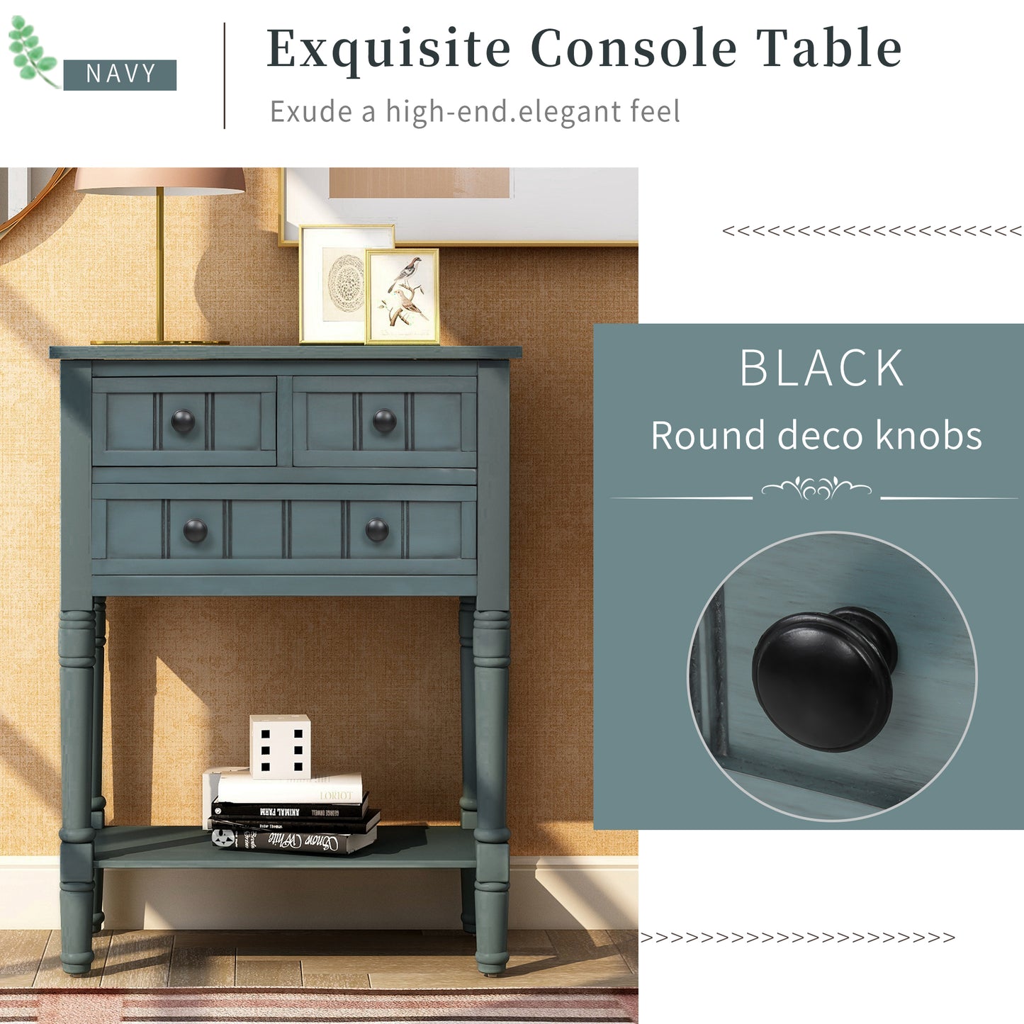 Vimora™ - Narrow Console Table with Storage Drawers and Bottom Shelf in Navy