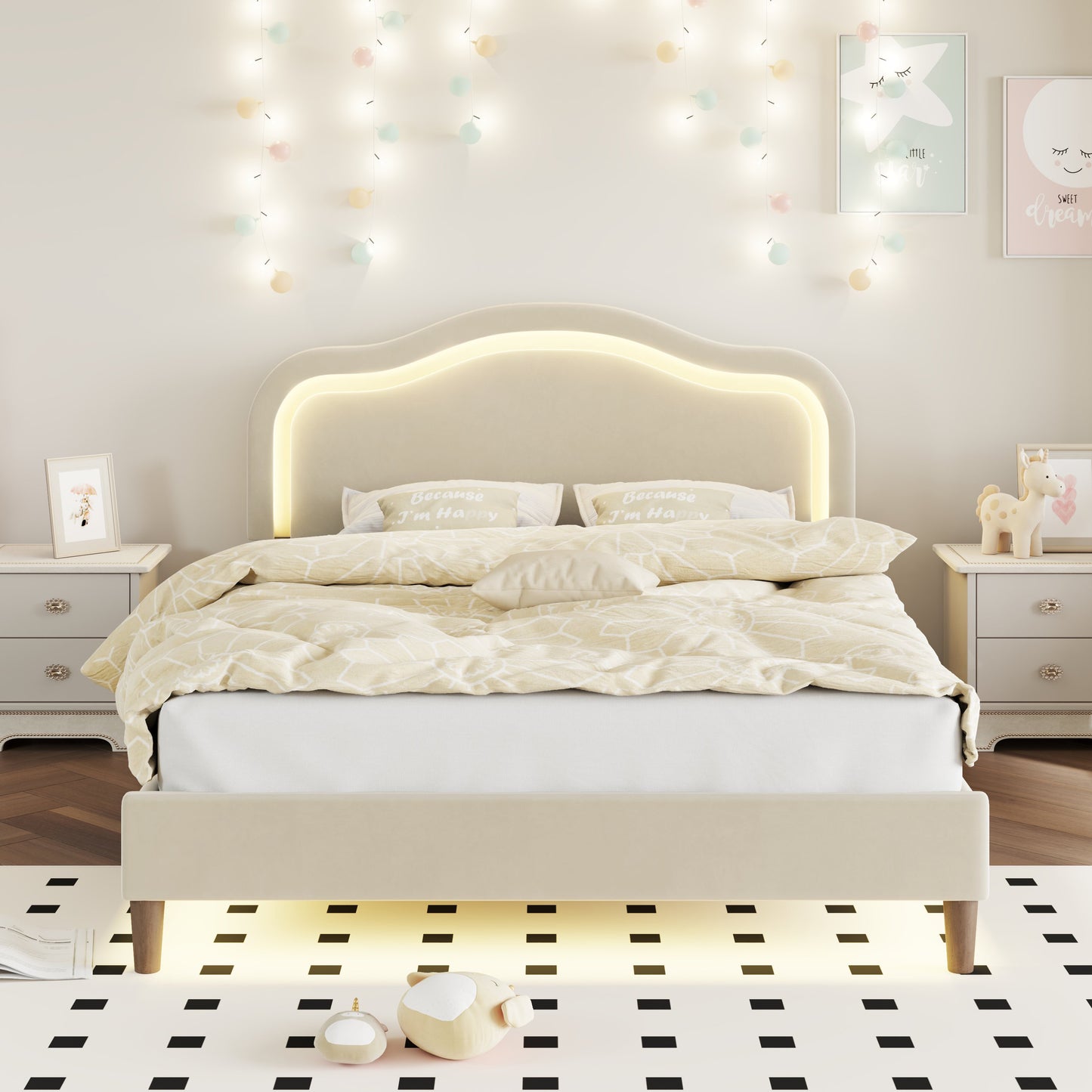 Vimora™ - Full Size Velvet LED Bed Frame with Adjustable Headboard