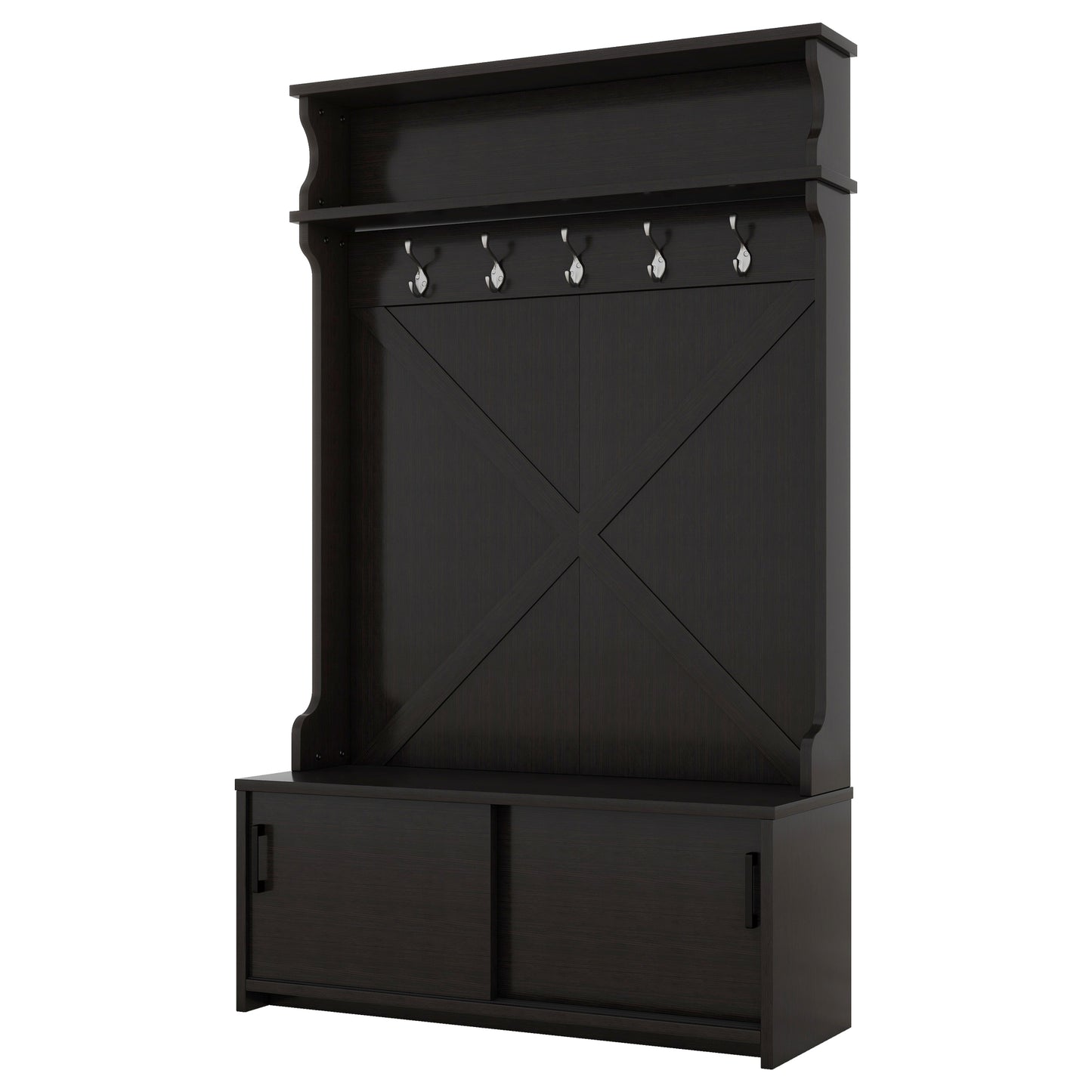 Vimora™ - Black Hall Tree with Storage Bench, Sliding Door & 5 Hooks