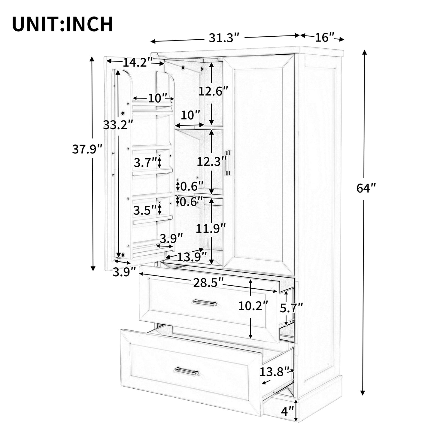 Vimora™ - Tall Black Bathroom Storage Cabinet with Doors, Drawers & Adjustable Shelf