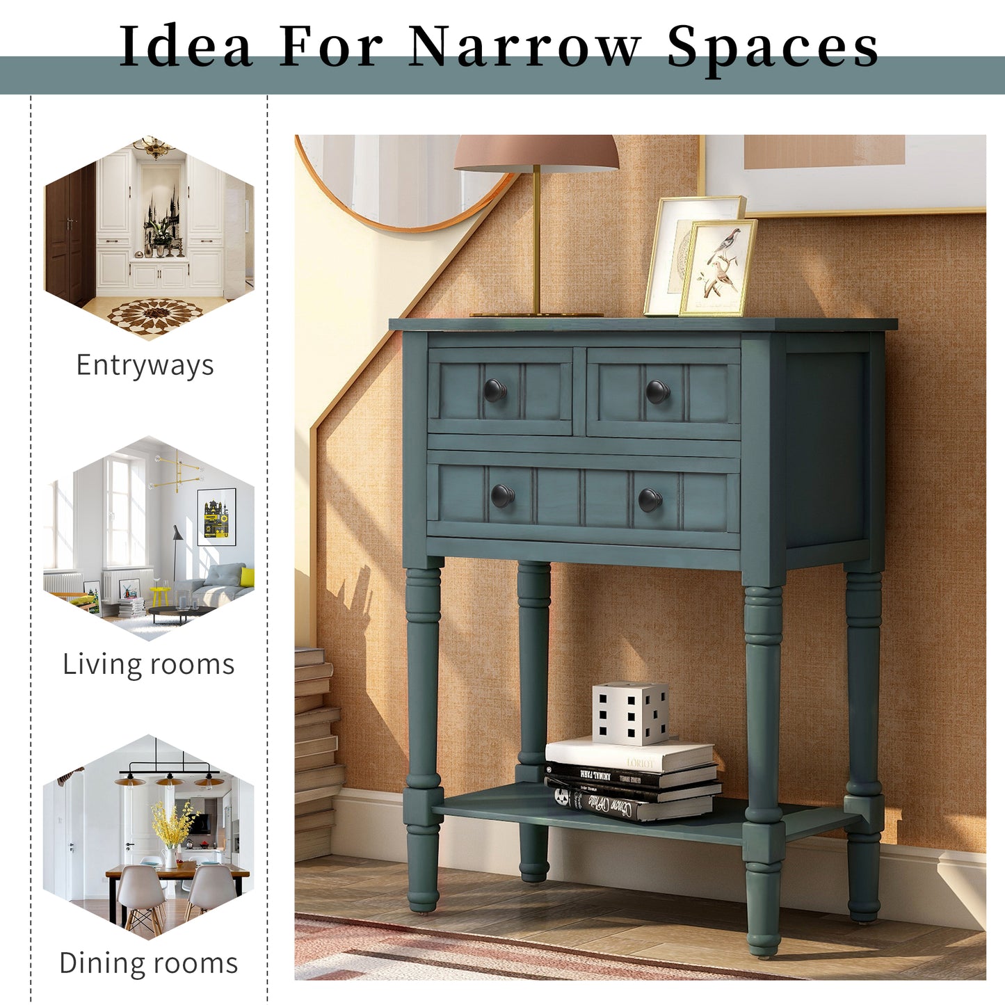 Vimora™ - Narrow Console Table with Storage Drawers and Bottom Shelf in Navy