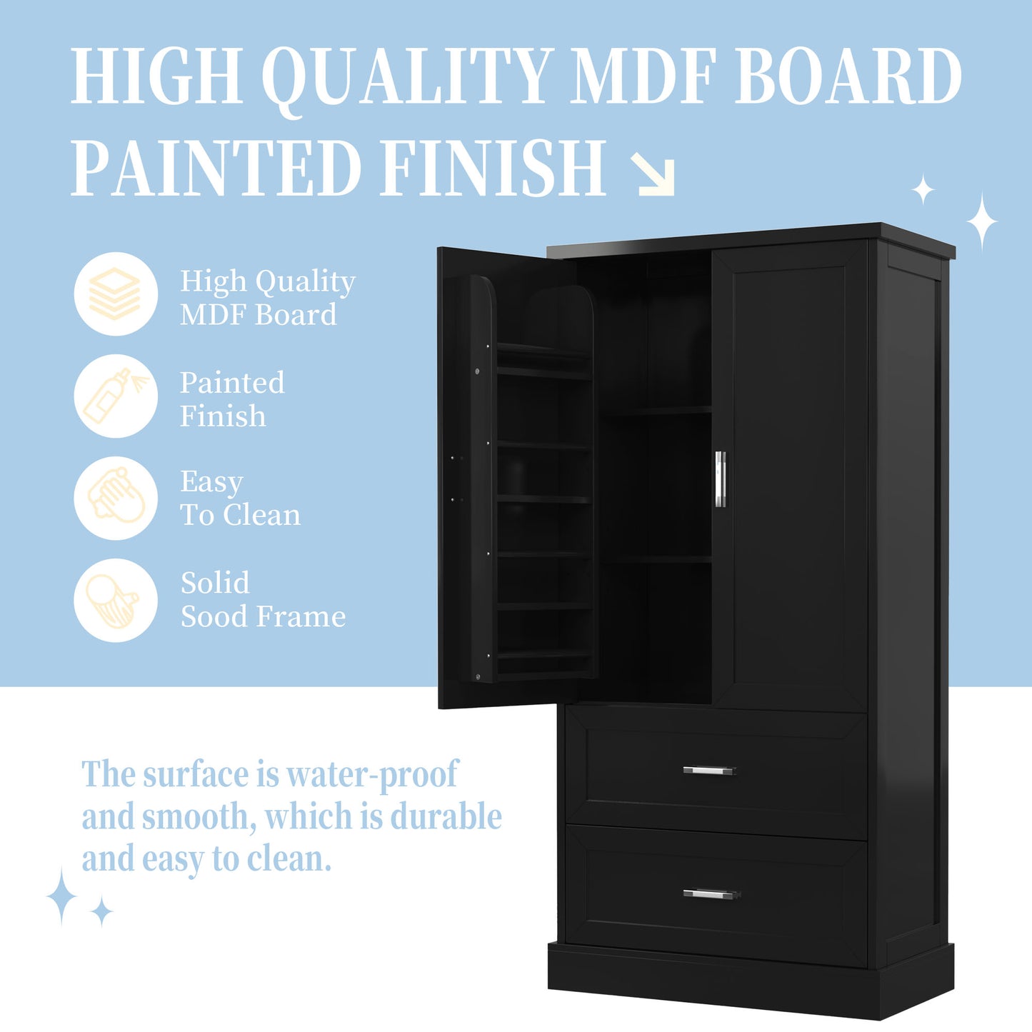 Vimora™ - Tall Black Bathroom Storage Cabinet with Doors, Drawers & Adjustable Shelf
