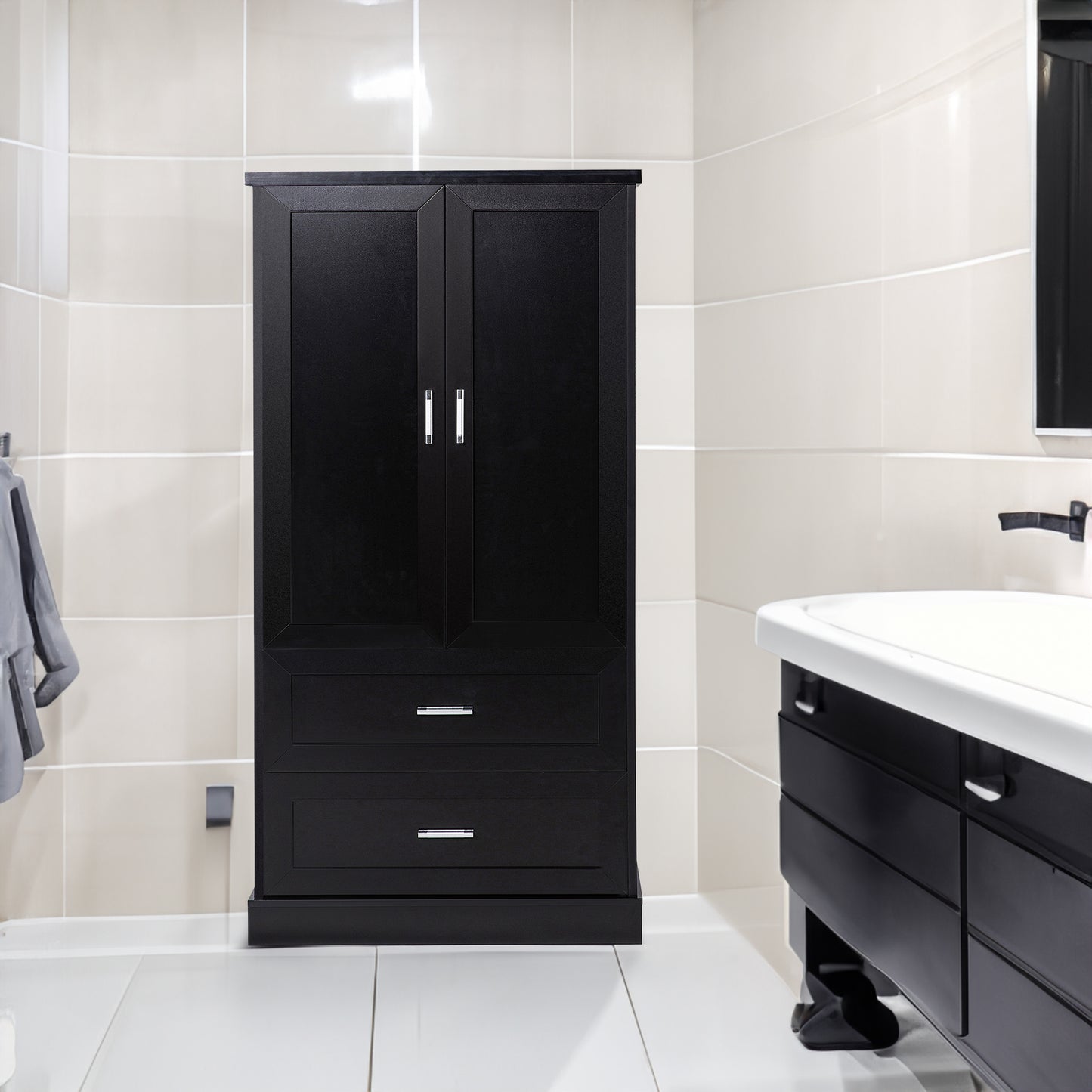 Vimora™ - Tall Black Bathroom Storage Cabinet with Doors, Drawers & Adjustable Shelf