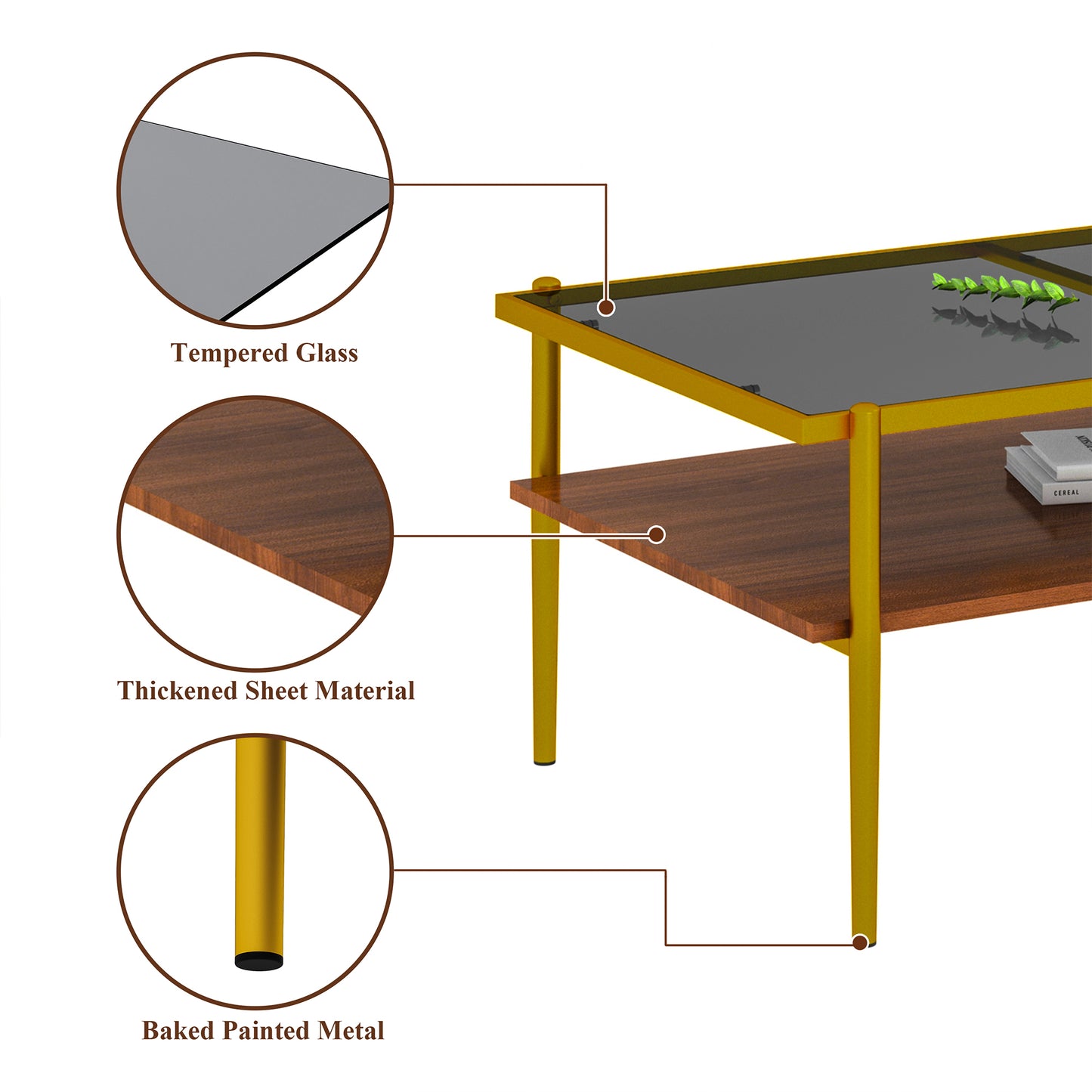 Lena™️ - Rectangle Coffee Table with Gray Glass Top and Golden Legs for Modern Living Rooms