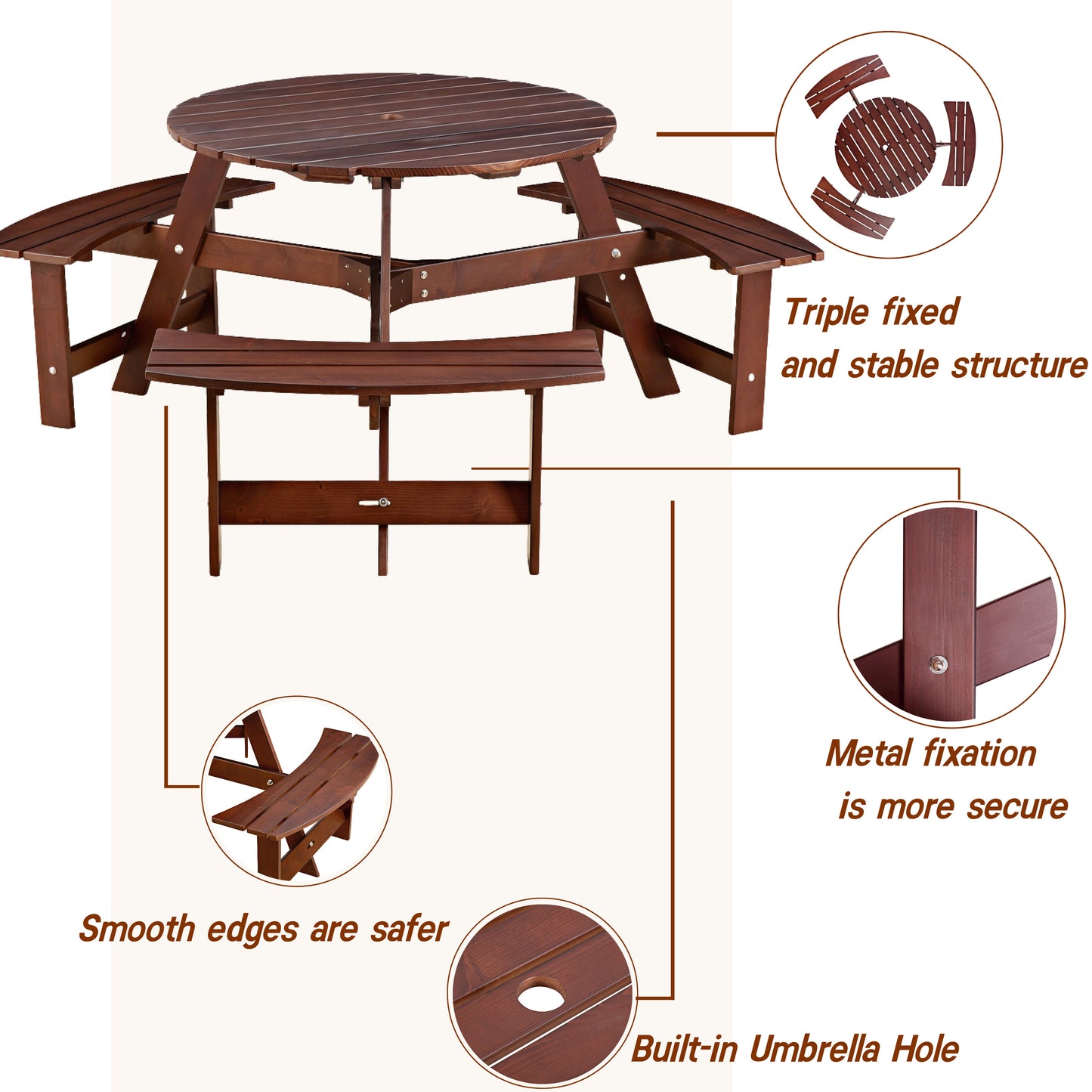 Vimora™ - Outdoor 6-Person Round Wooden Picnic Table with 3 Benches & Umbrella Hole
