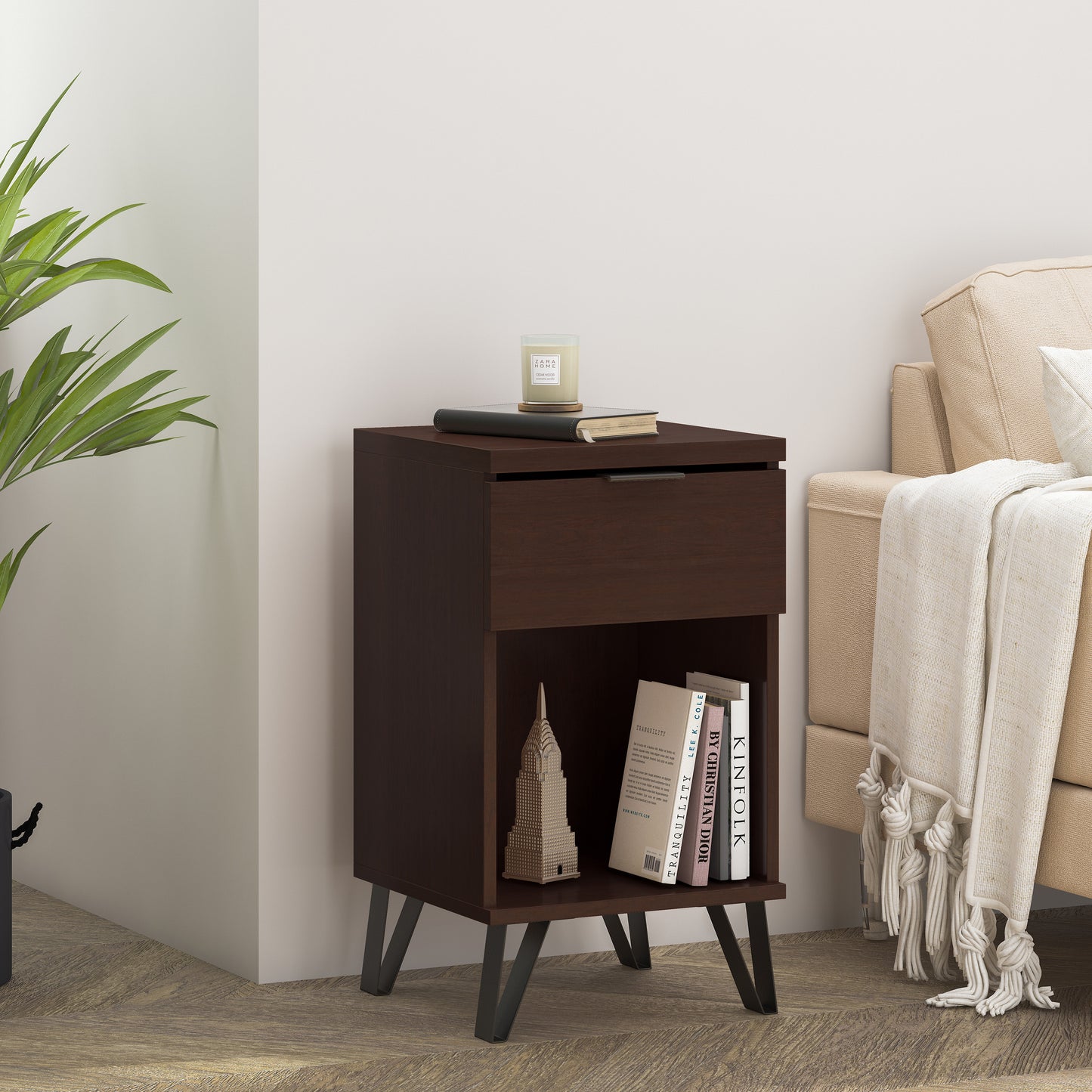Luca™️ - Walnut 1 Drawer Tall End Table with Shelf for Modern Bedrooms