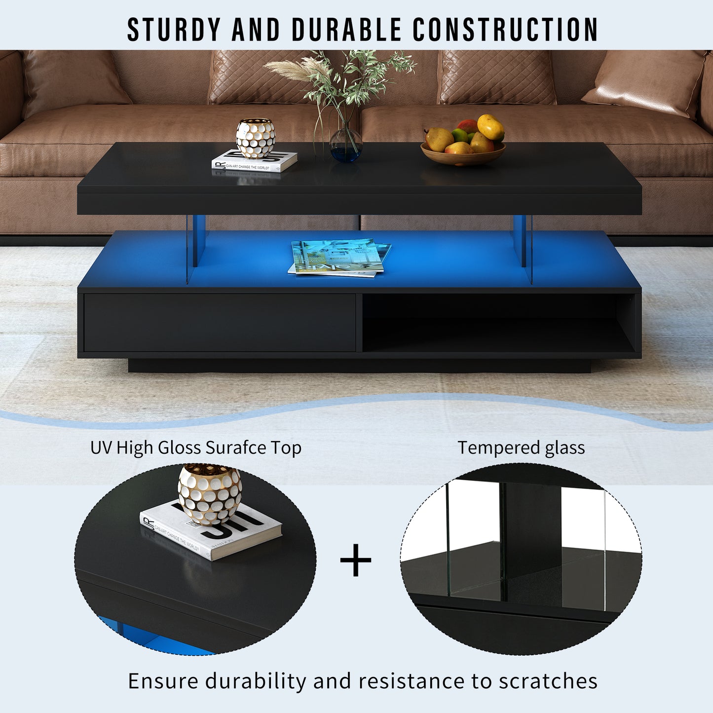 Vimora™ - Modern LED Coffee Table with Storage, 2 Drawers & Display Rack (Black)