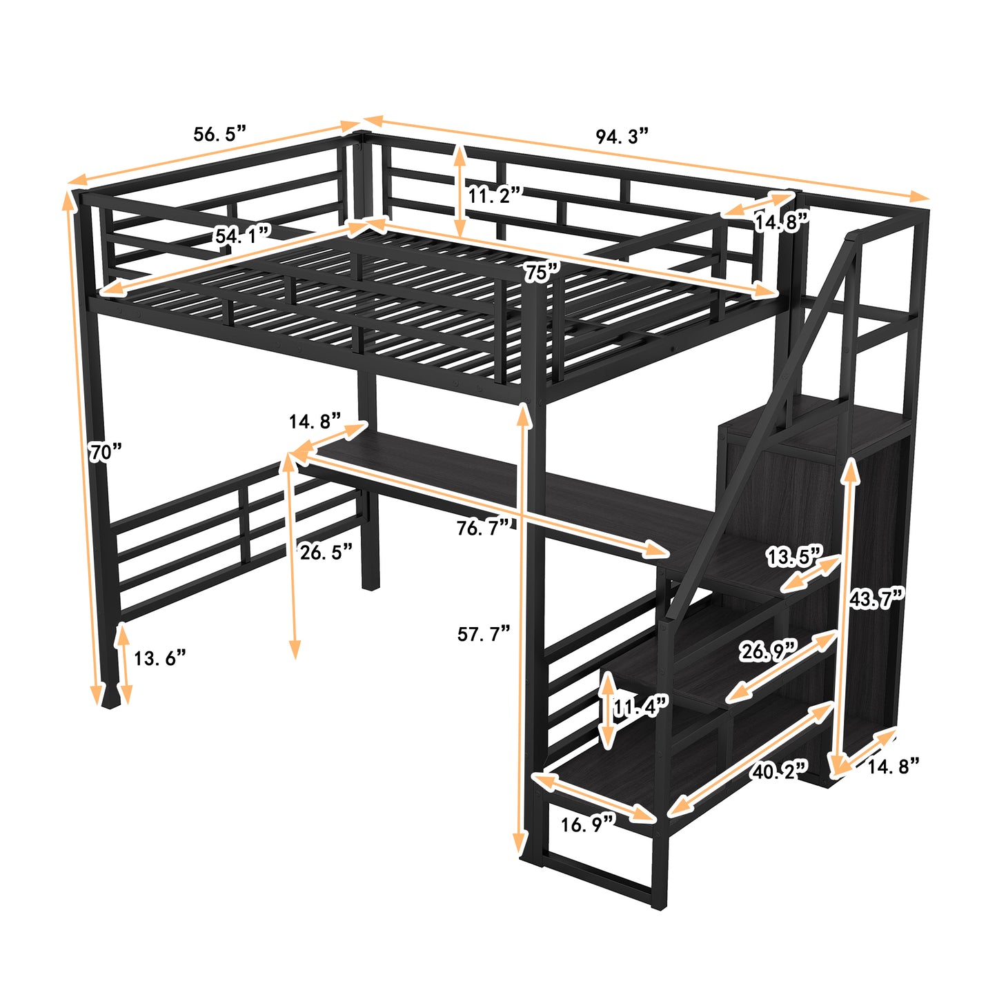Vimora™ - Full Size Metal Loft Bed with Desk, Storage Staircase and Wardrobe in Black