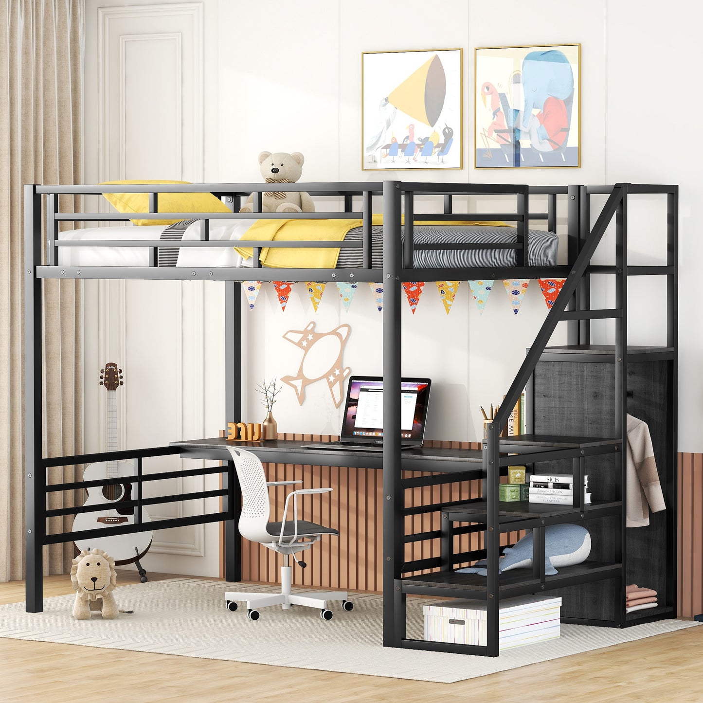 Vimora™ - Full Size Metal Loft Bed with Desk, Storage Staircase and Wardrobe in Black
