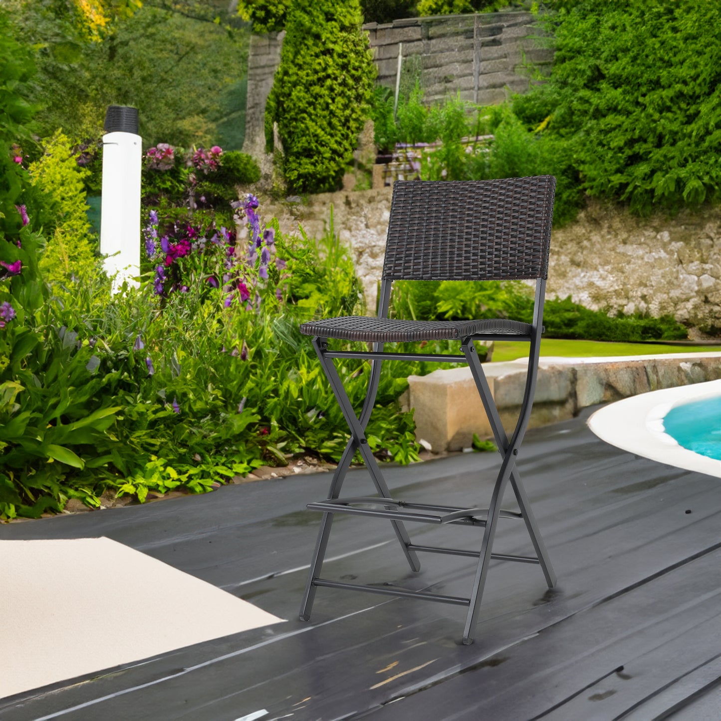 Vimora™ - Outdoor Foldable Wicker Barstools, Faux Rattan Patio Chairs, Brown Multi (Set of 2)