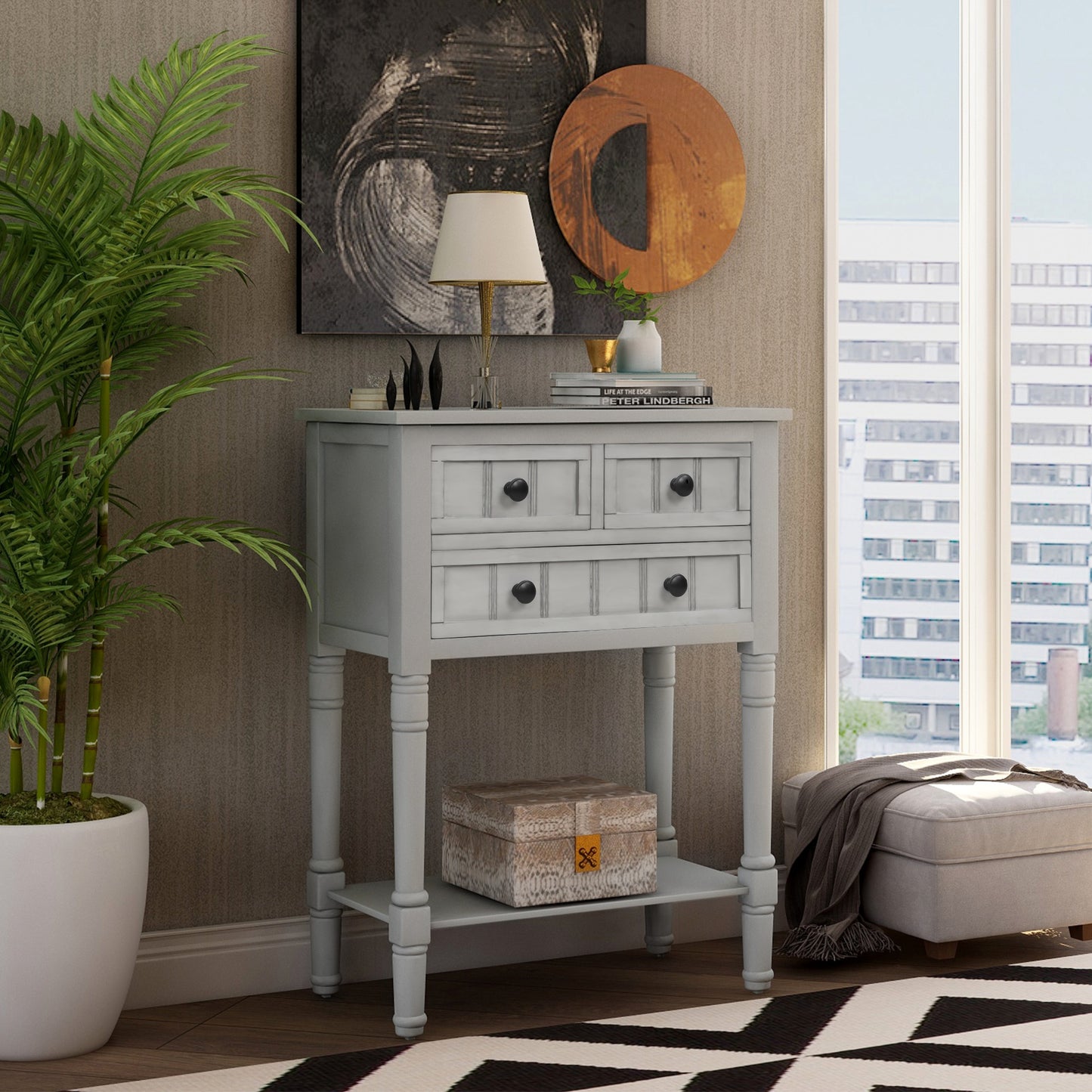 Luca™️ - Grey Washed Narrow Console Desk with 3 Drawers and Bottom Shelf for Living Room