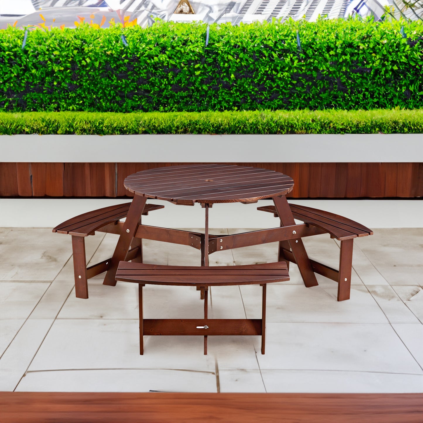 Vimora™ - Outdoor 6-Person Round Wooden Picnic Table with 3 Benches & Umbrella Hole