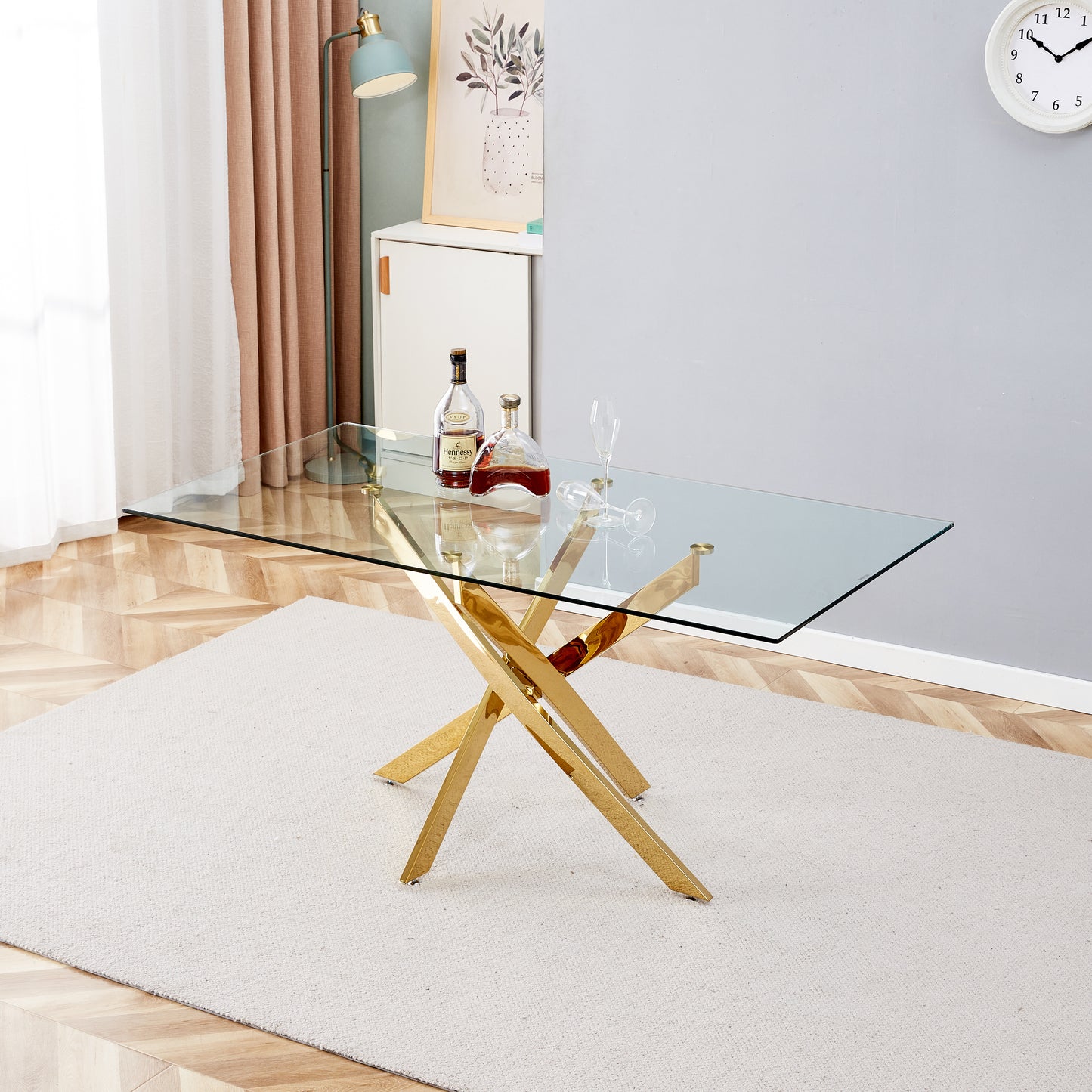 Vimora™ - 63" Tempered Glass Dining Table with Golden Metal Legs