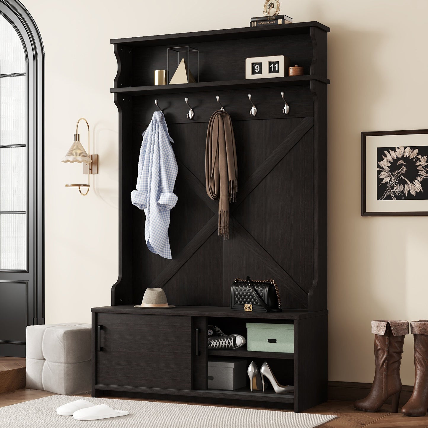 Vimora™ - Black Hall Tree with Storage Bench, Sliding Door & 5 Hooks