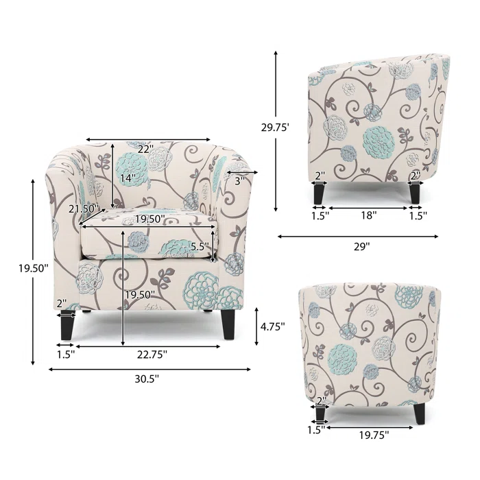 Vimora™ - White and Blue Fabric Club Chair with Birch Wood Legs