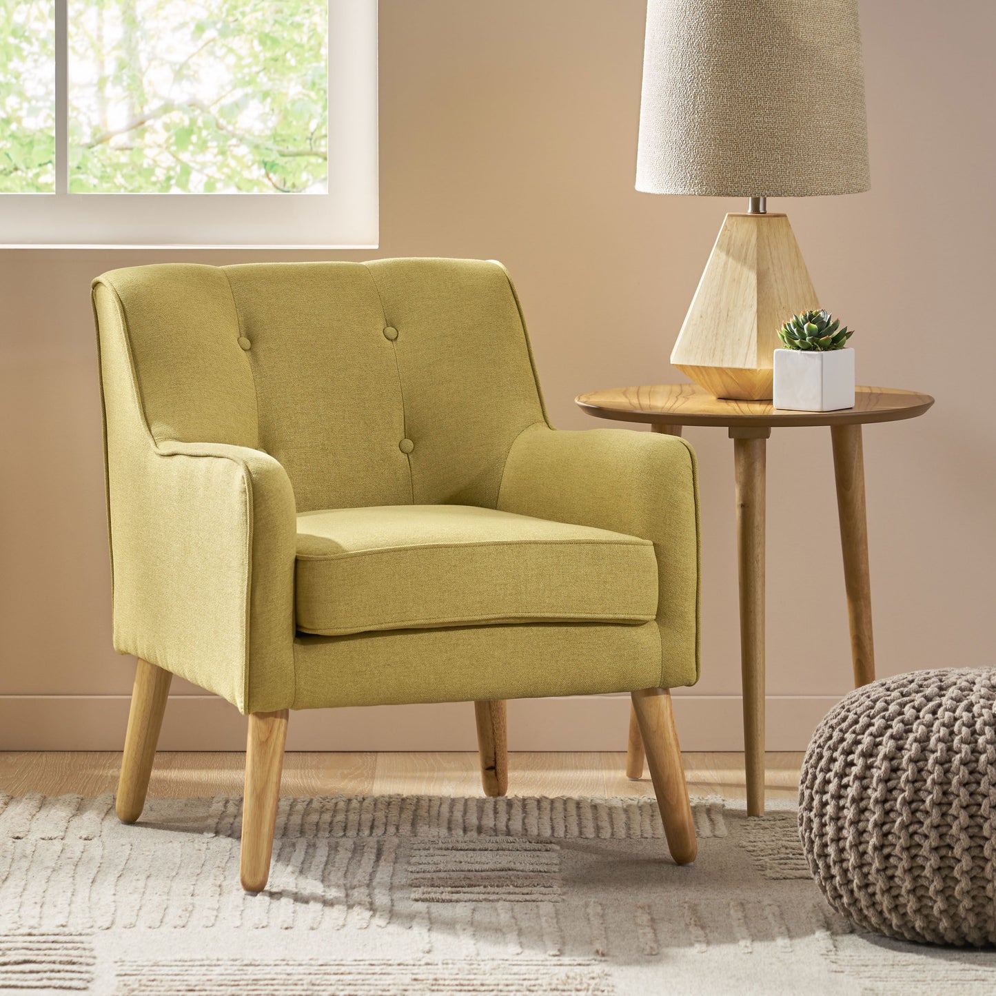 Vimora™ - Yellow Mid-Century Modern Arm Chair with Tufted Back and Birch Wood Legs