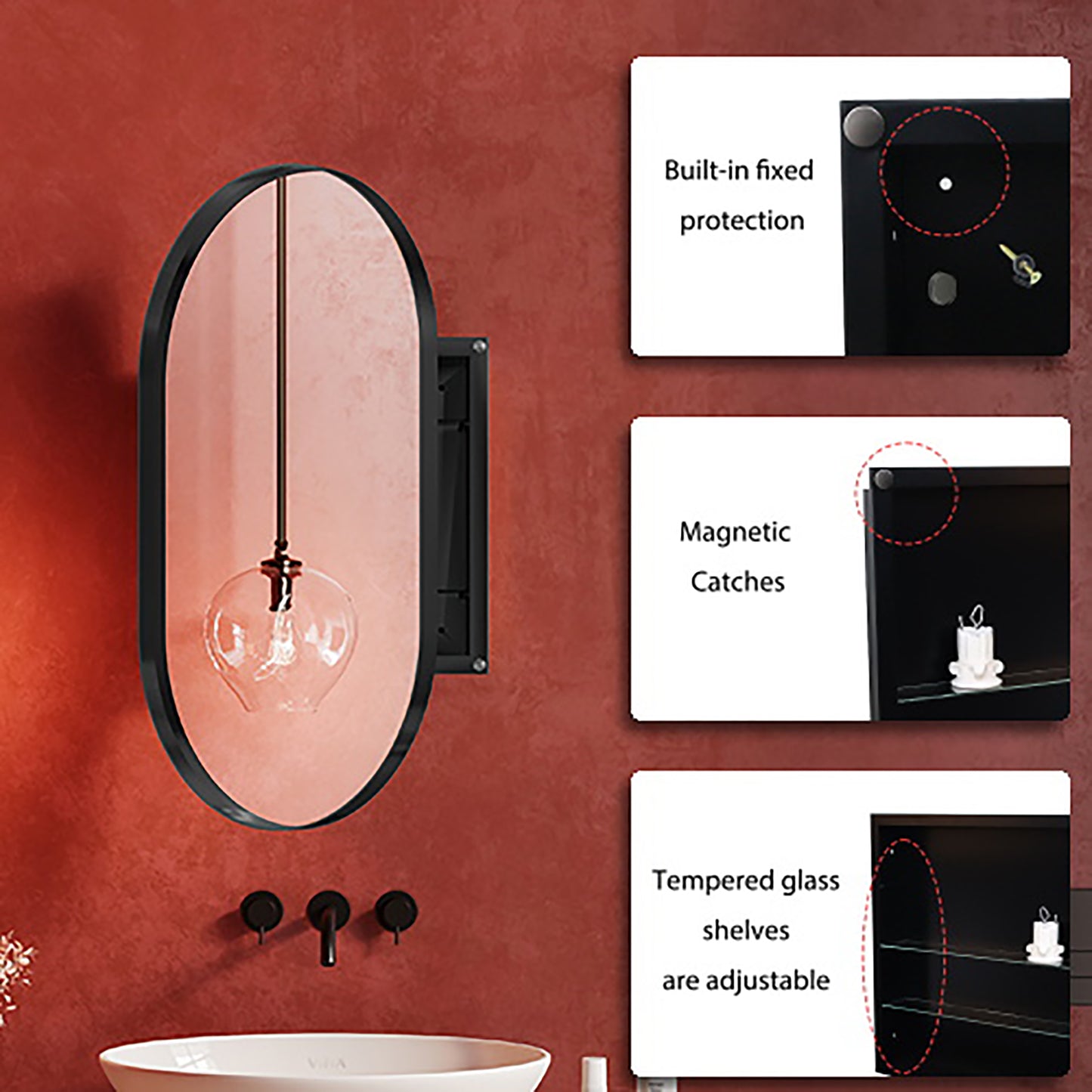 Vimora™ - 20x34 Inch Matte Black Oval Medicine Cabinet with Mirror & Adjustable Shelves