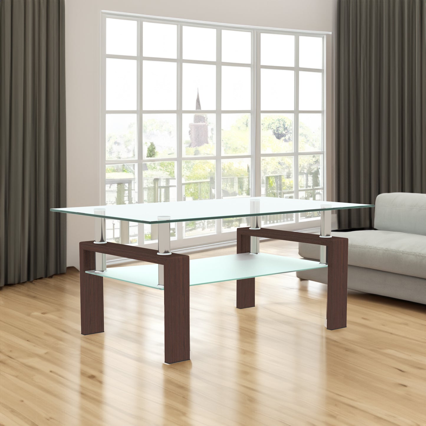 Vimora™ - Modern Rectangle Walnut Glass Coffee Table with Double Layer Storage