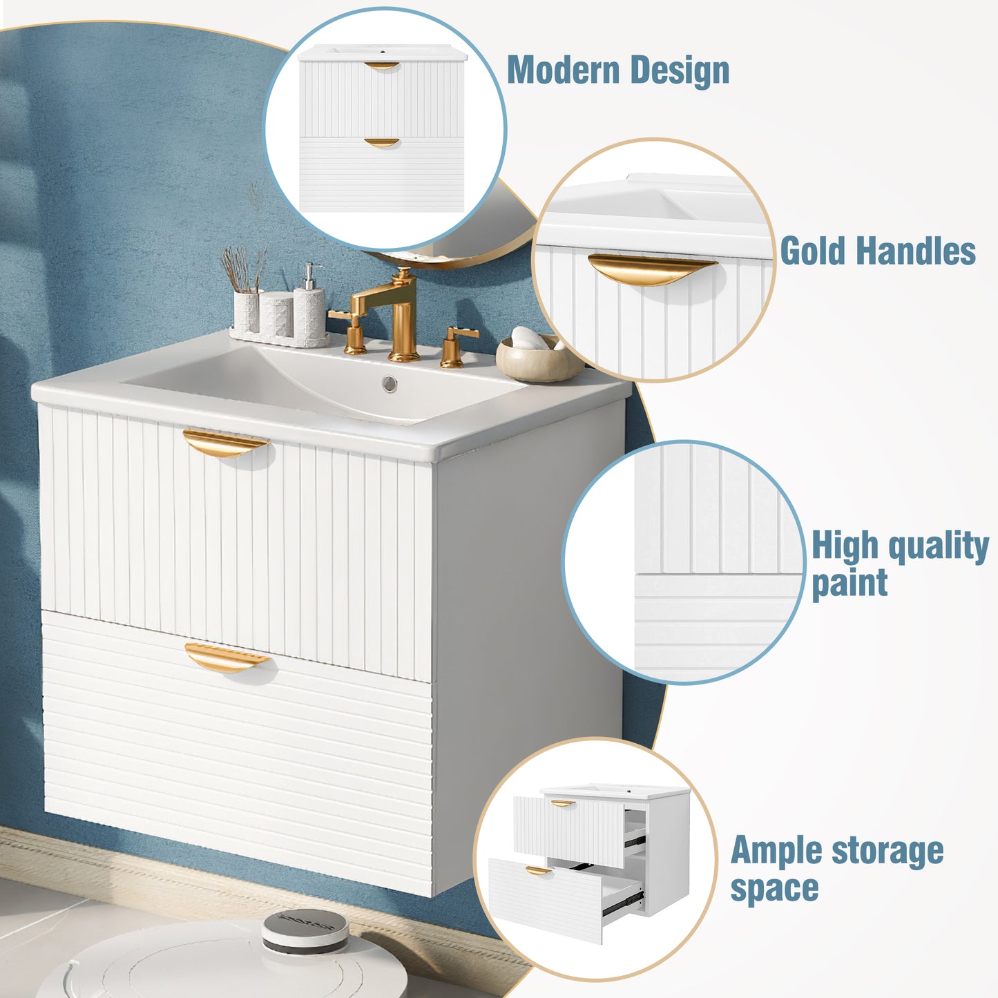 Vimora™ - Modern 24-Inch White Wall-Mounted Bathroom Vanity with 2 Drawers