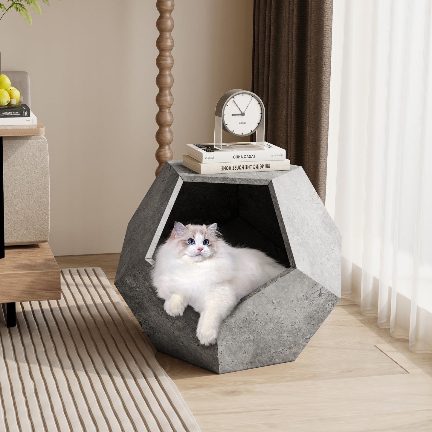 Lina™ Modern Cat Litter Box Furniture – Stylish Side Table & Multi-Use Pet House (Cement Gray)