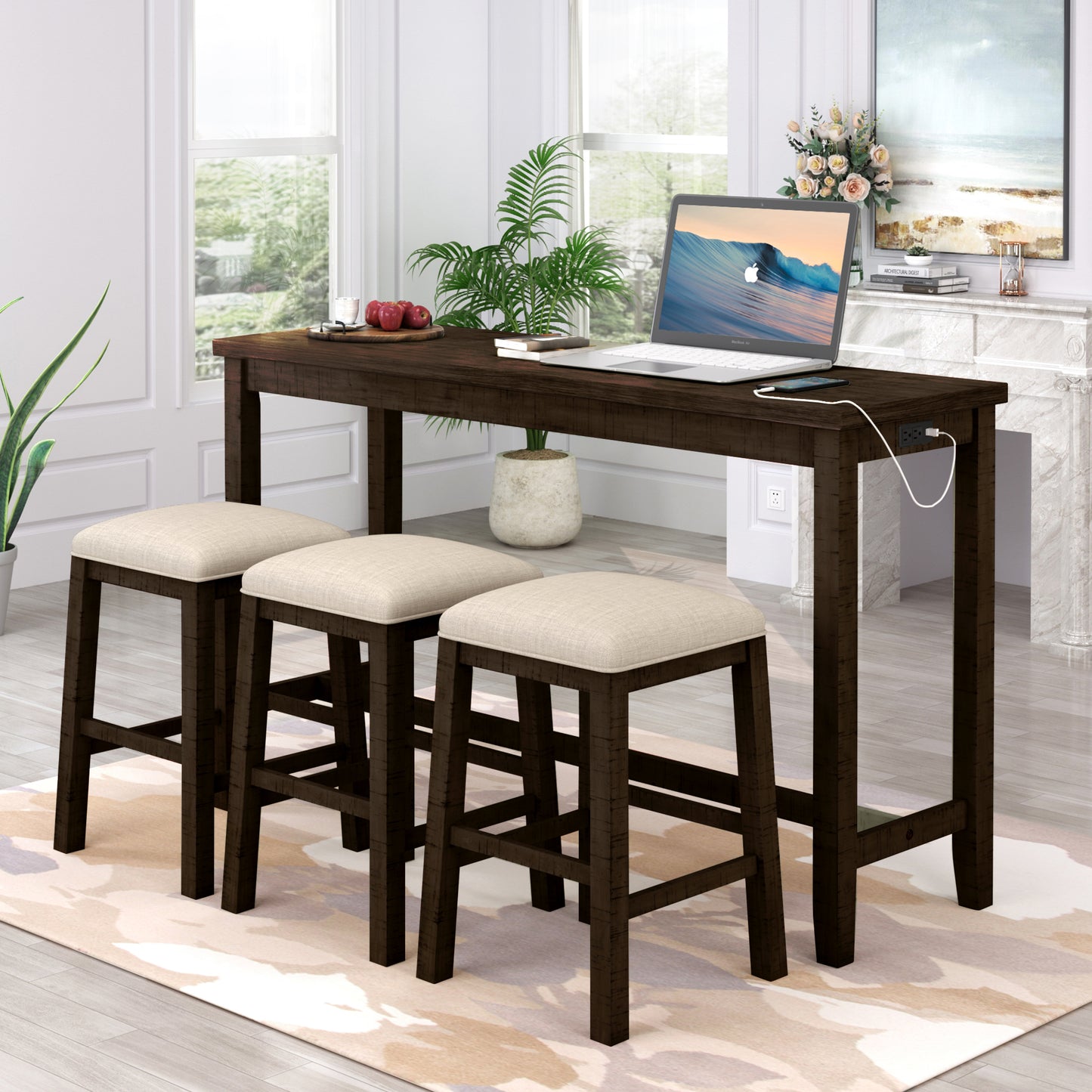 Vimora™ - Rustic Brown Counter Height Dining Set with Padded Stools and Built-in Charging