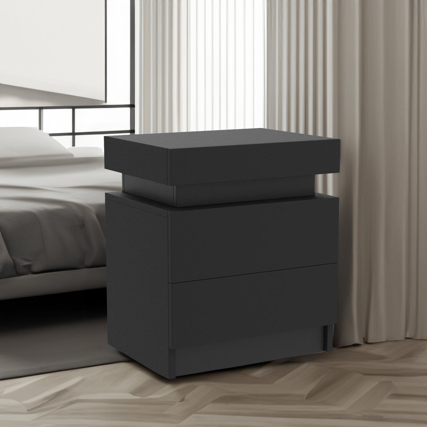 Vimora™ - Modern Black LED Nightstand with Glossy Drawers & Multi-Colour Lighting