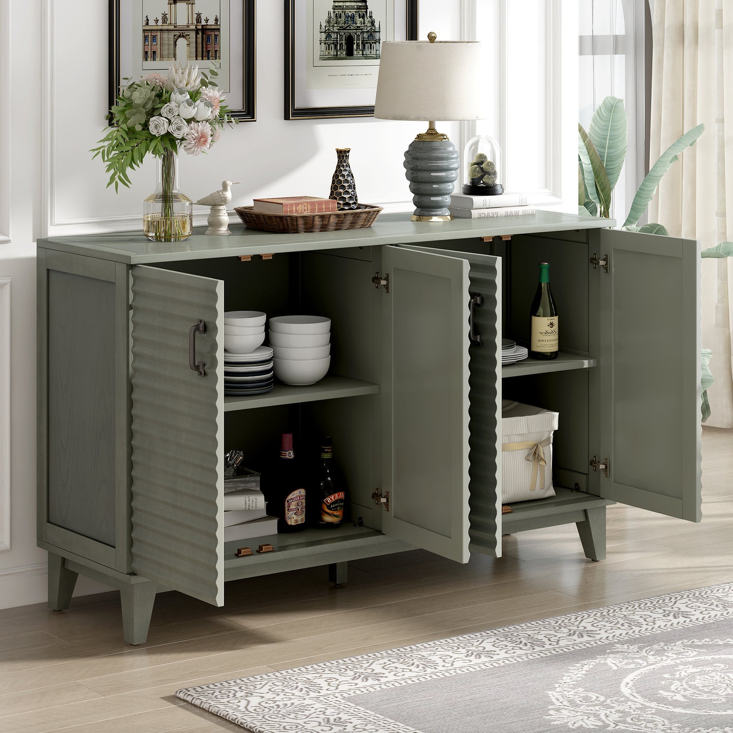 Vimora™ - Antique Gray 4-Door Sideboard with Adjustable Shelves and Metal Handles