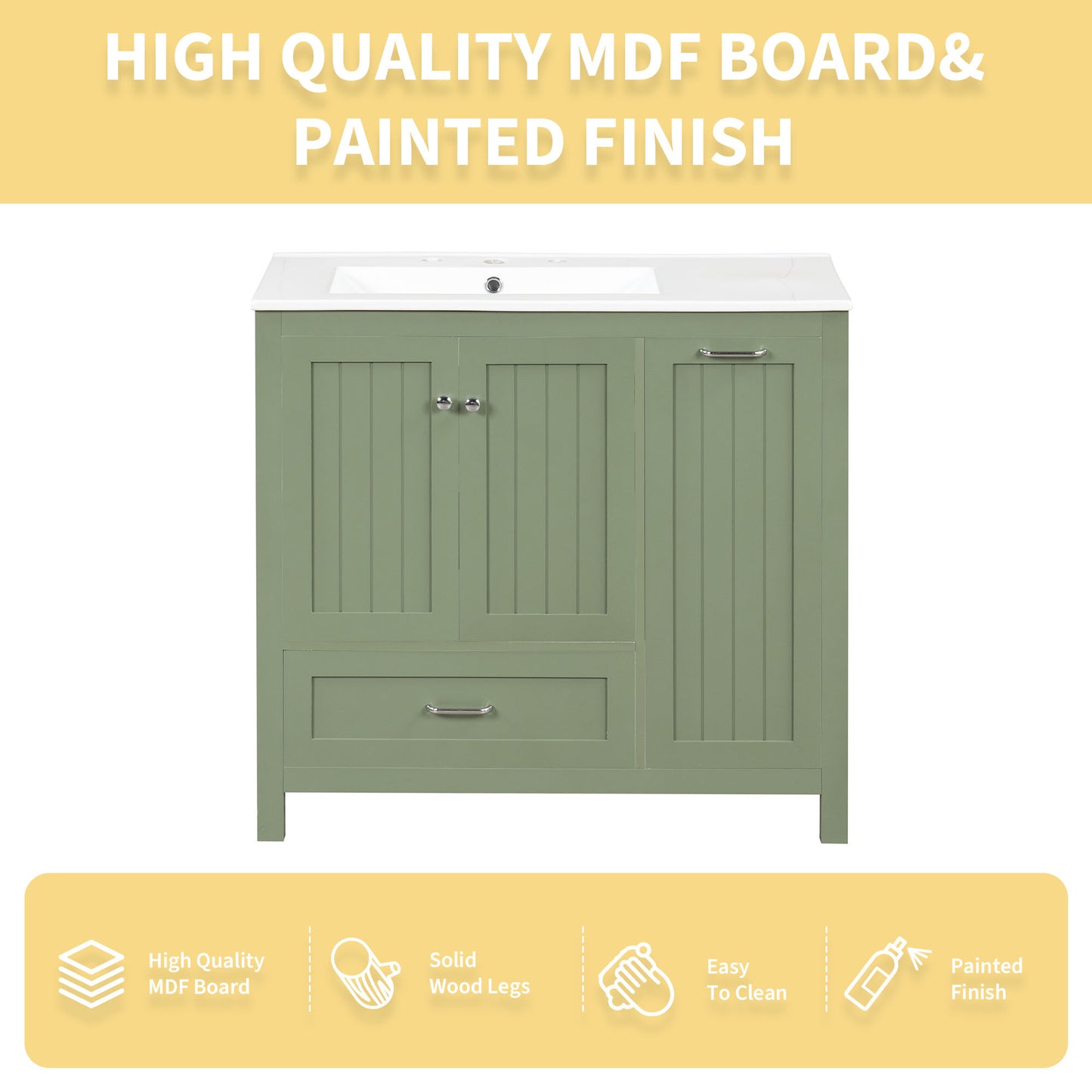 Vimora™ - 36-Inch Green Bathroom Vanity with Sink, Solid Wood & MDF, Modern Design, Ample Storage