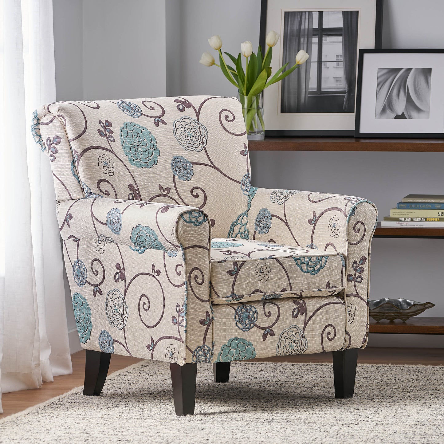 Vimora™ - Jasmine Club Chair in Blue Floral Fabric with Chic Rolled Armrests