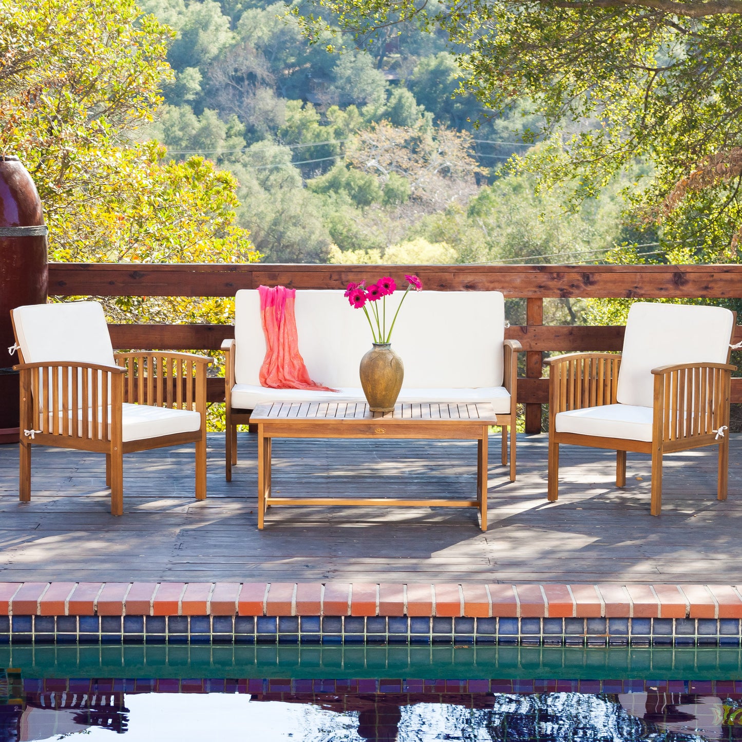 Vimora™ - Brown Acacia Wood 4PC Patio Conversation Set with Water-Resistant Cushions