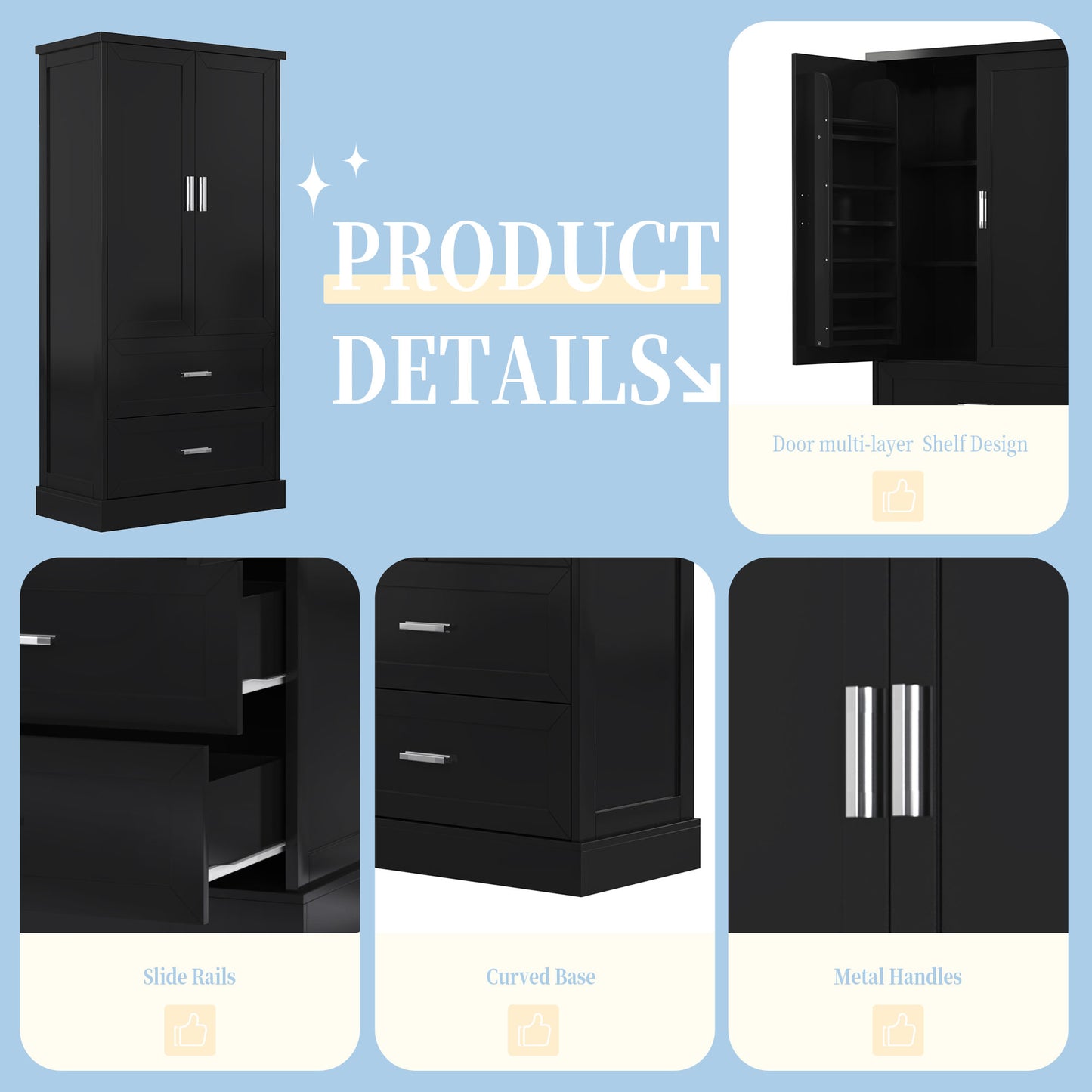 Vimora™ - Tall Black Bathroom Storage Cabinet with Doors, Drawers & Adjustable Shelf