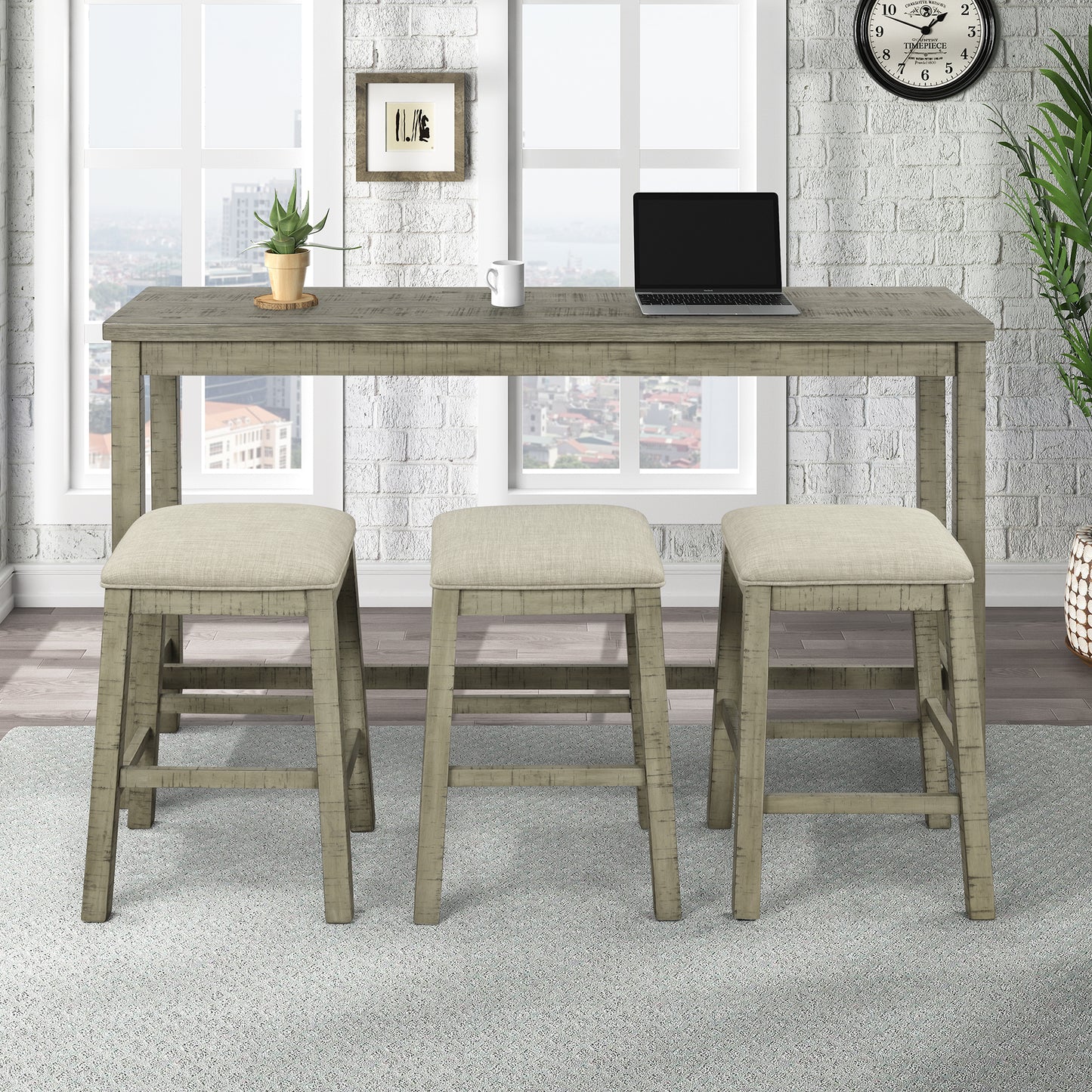 Vimora™ - Rustic 4-Piece Counter Height Dining Set with Padded Stools and Charging Socket