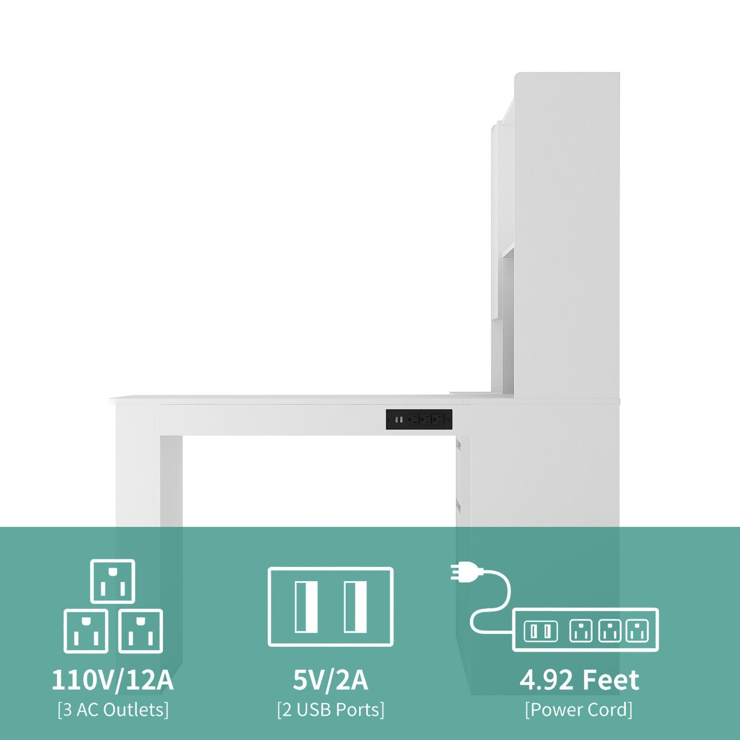 Vimora™ - L-Shaped Office Desk with Charger, Bookshelf, LED Lights & Storage Space