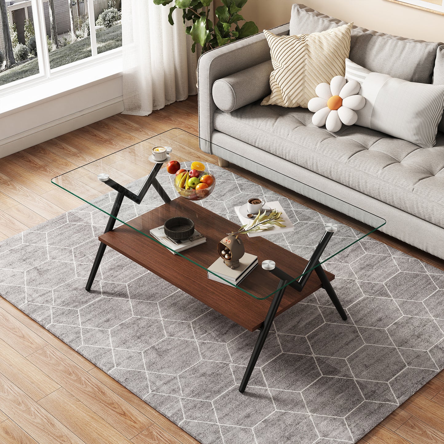 Freja™️ - Rectangle Coffee Table with Tempered Glass Top and Black Metal Legs