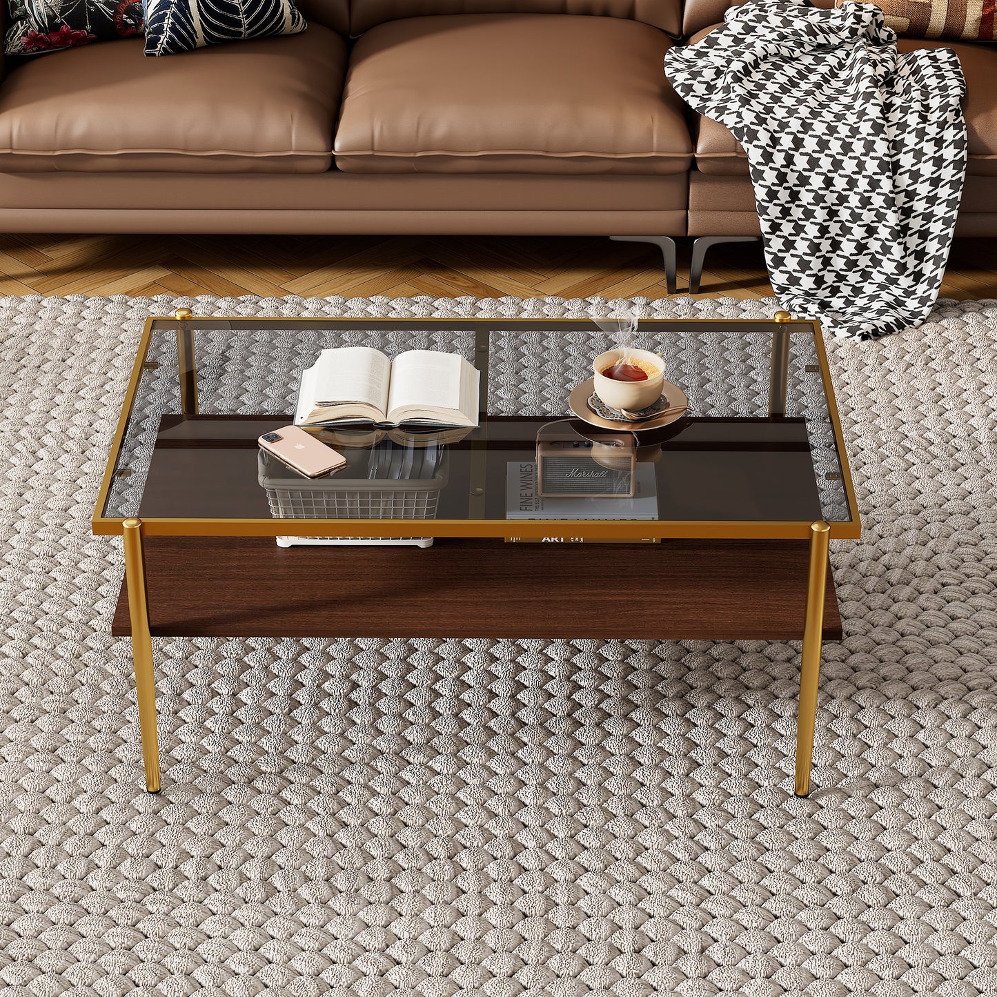 Lena™️ - Rectangle Coffee Table with Gray Glass Top and Golden Legs for Modern Living Rooms