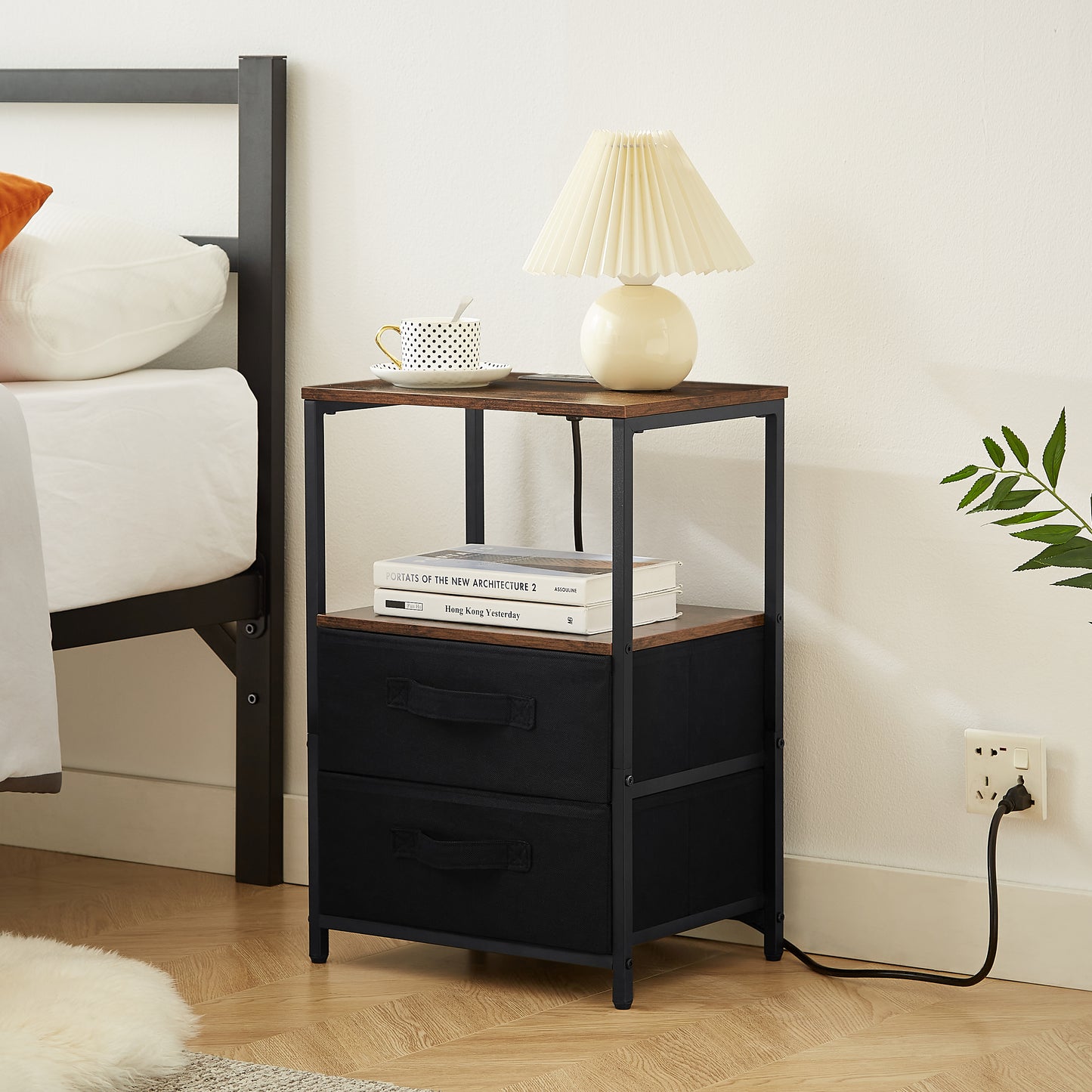 Ella™️ - Compact Nightstand with Charging Station, USB Port, 2 Drawers & Open Shelf