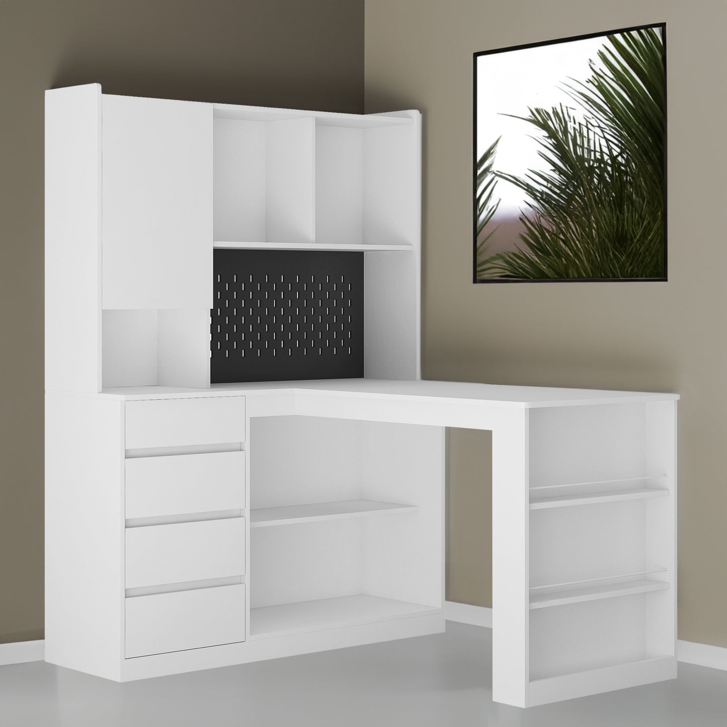 Vimora™ - L-Shaped Office Desk with Charger, Bookshelf, LED Lights & Storage Space