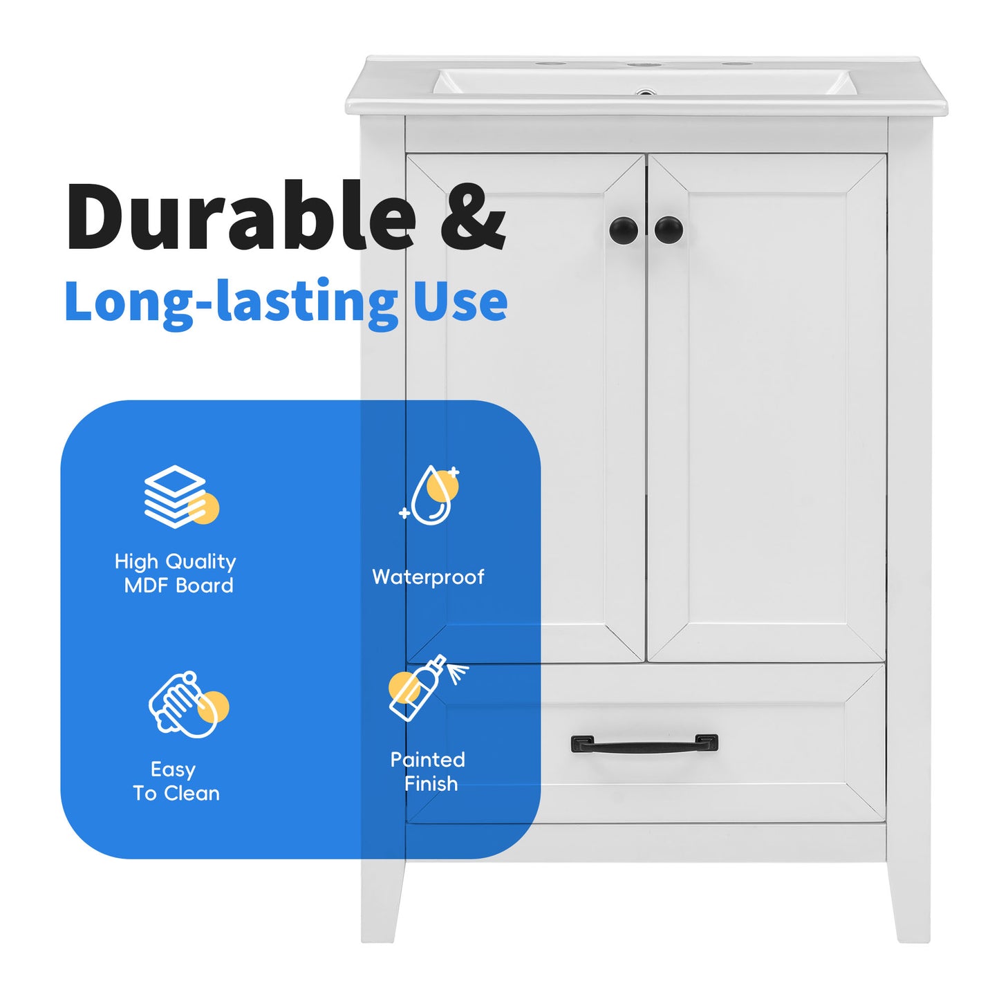 Vimora™ - 24" White Bathroom Vanity with Sink, Solid Wood & MDF, Ample Storage, Modern Design