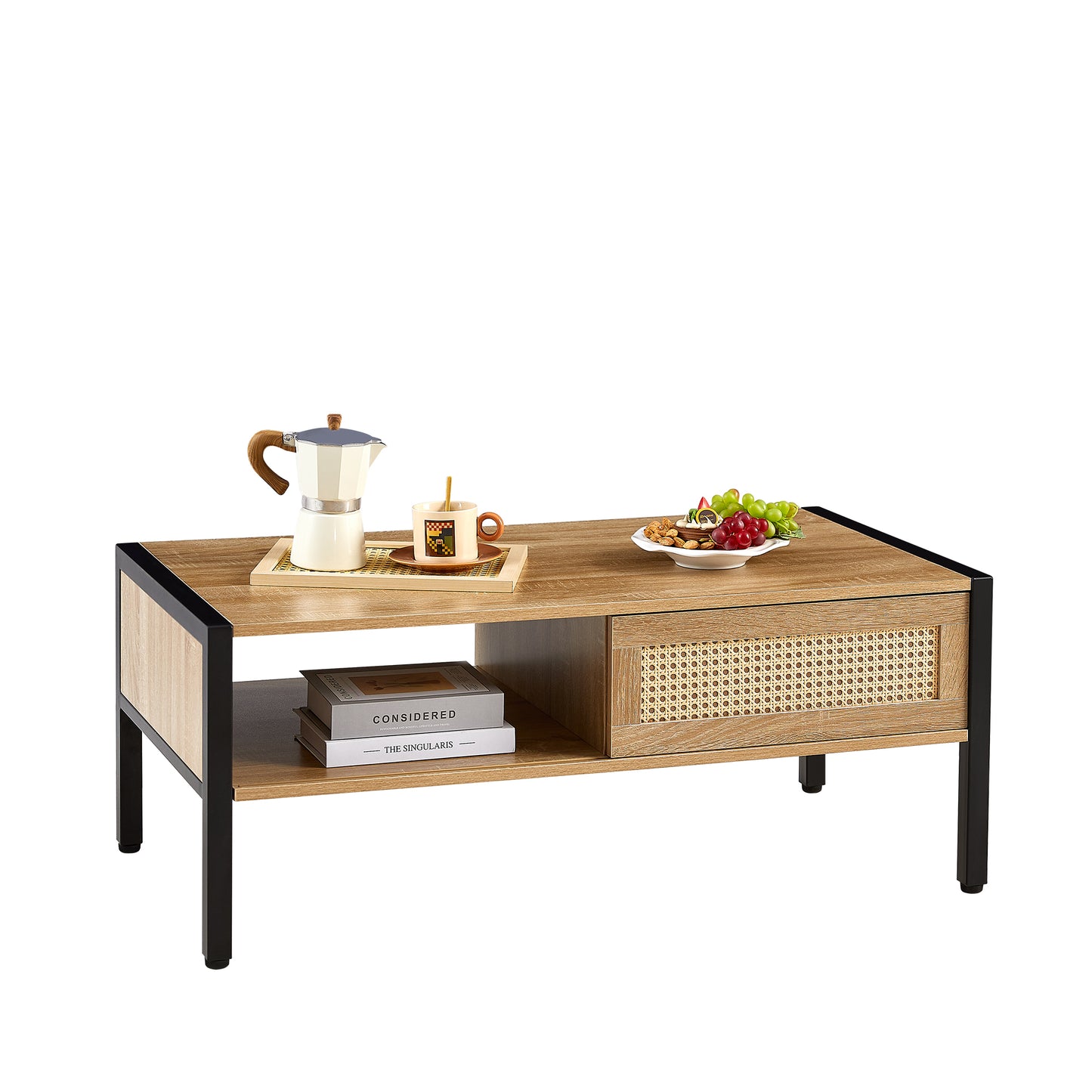 Luca™️ - Modern Rattan Coffee Table with Sliding Door Storage and Metal Legs