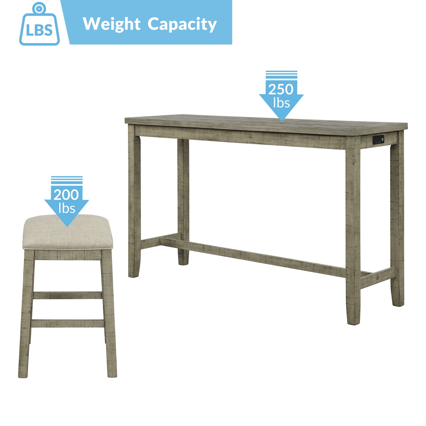 Vimora™ - Rustic 4-Piece Counter Height Dining Set with Padded Stools and Charging Socket