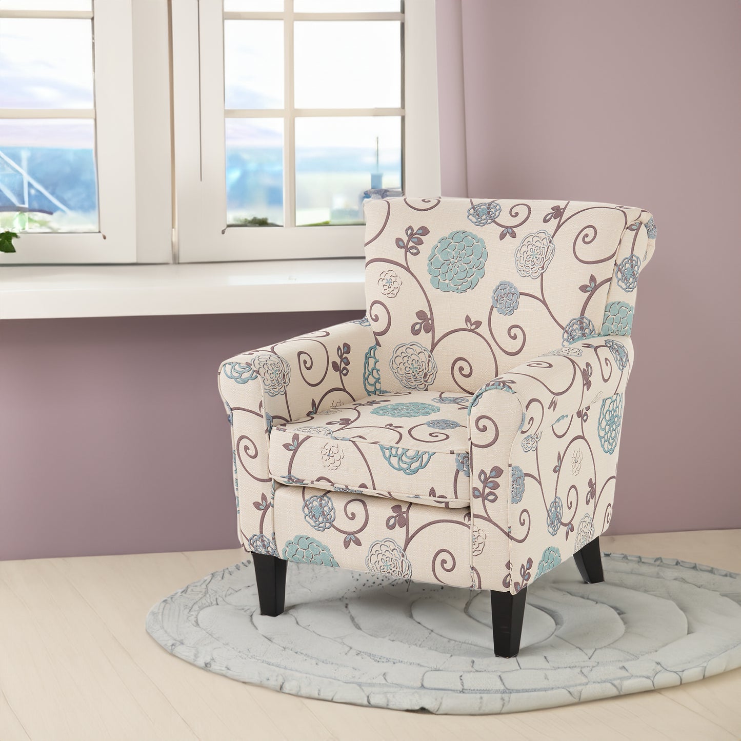 Vimora™ - Jasmine Club Chair in Blue Floral Fabric with Chic Rolled Armrests