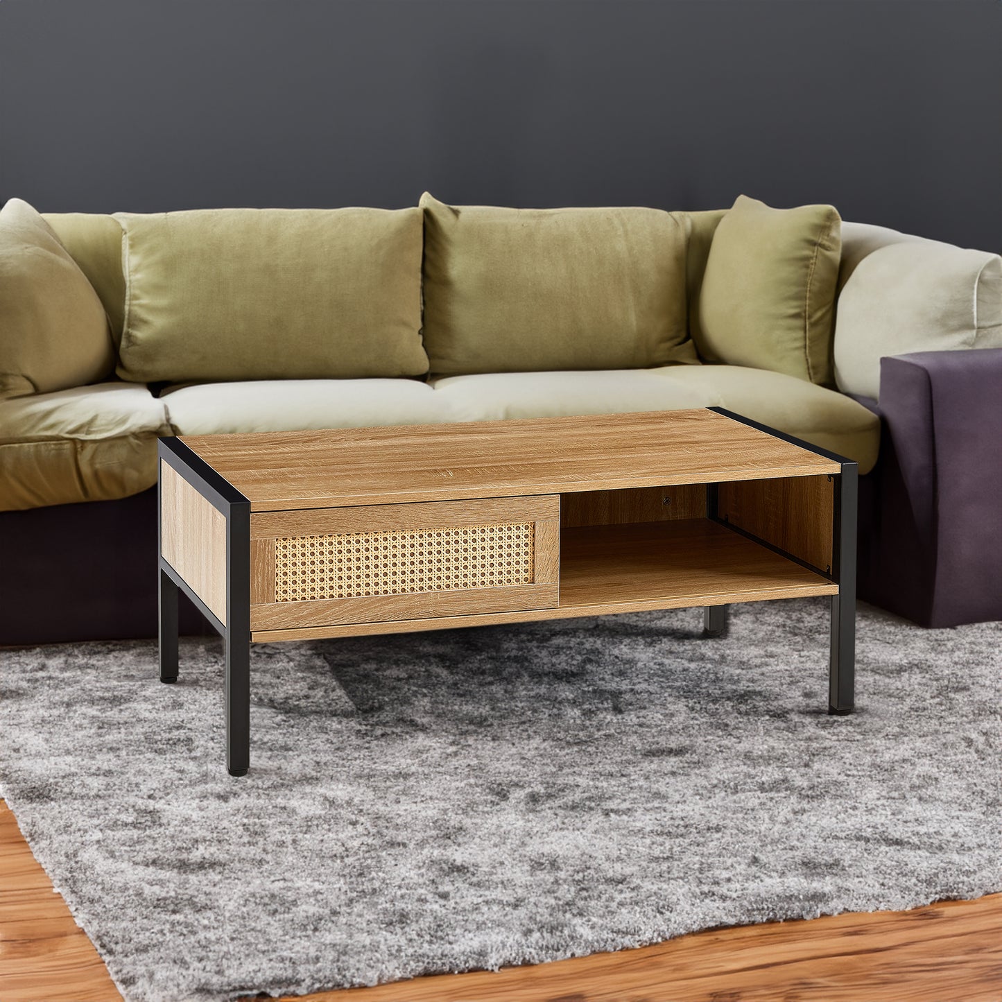 Luca™️ - Modern Rattan Coffee Table with Sliding Door Storage and Metal Legs